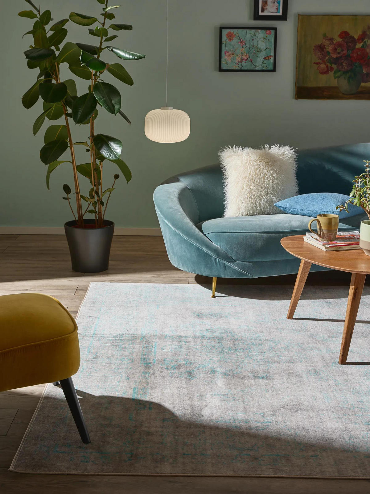 VINTAGE-TEPPICH Miray waschbar 160/230 cm - Türkis/Grau, Kunststoff (160/230cm) - benuta Nest