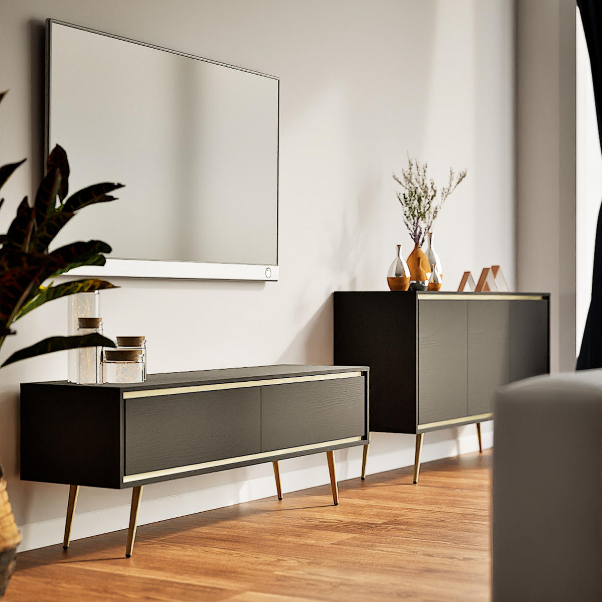 LOWBOARD Lori mit 2 Türen, Push-to-open-Öffnung, schwarz - Schwarz, Holzwerkstoff/Metall (150/40/40cm) - Beautysofa