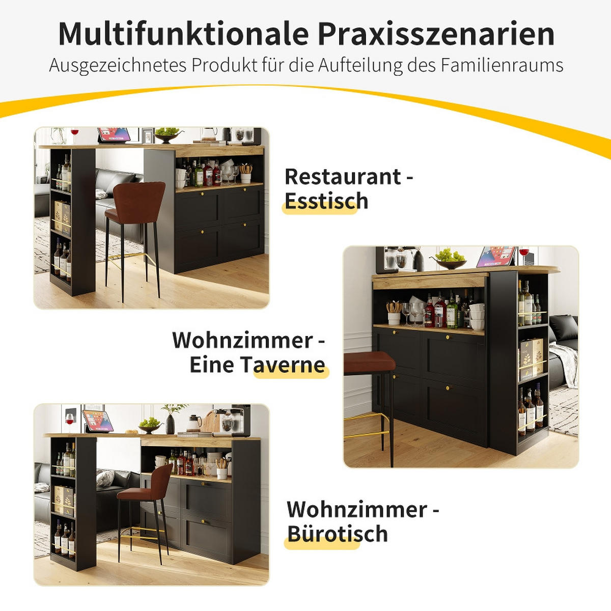 KÜCHENINSEL Bartisch drehbar, mit 4 Schubladen und offenen Ablagen, MDF Schwarz, Esszimmer, 105/39/102 cm - Schwarz, Kunststoff (39/102/105cm) - Rolipo
