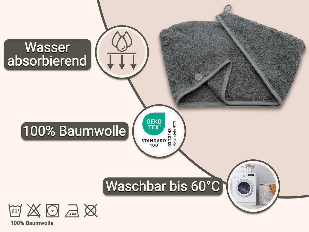 HAARTURBAN, 23x64 cm, 100% Baumwolle, Grau - Grau, Textil (23/64cm) - Zollner