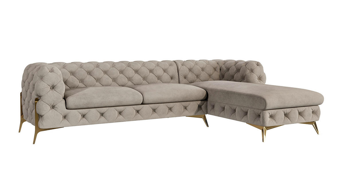ECKSOFA Chesterfield Lexi Dunkle Creme Samt, Ottomane rechts - Goldfarben/Creme, Holz/Textil (305/200cm) - S-Style Möbel