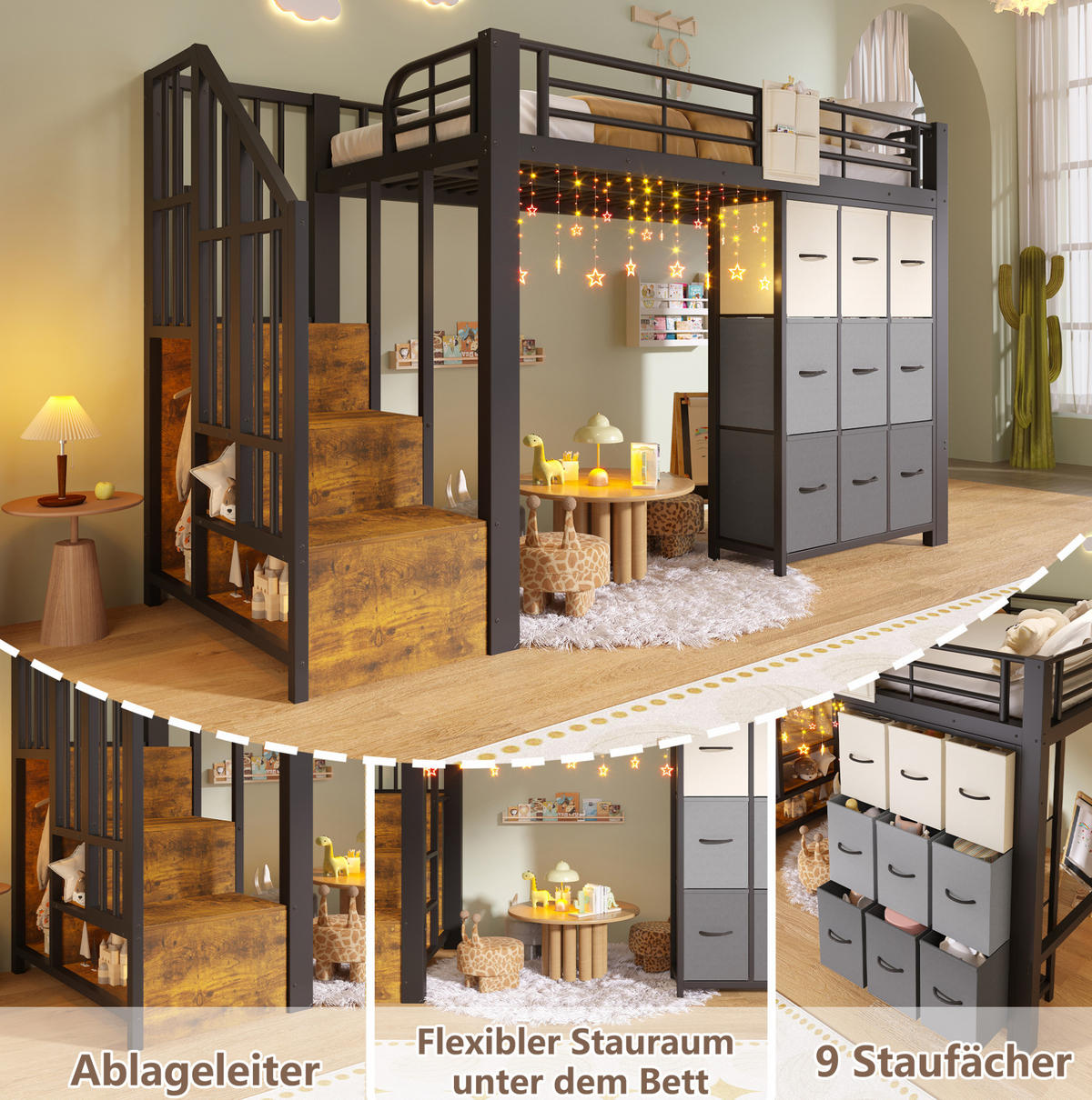 HOCHBETT 90/200 cm aus Metall und MDF mit Schubladen, Kleiderstange und Treppe mit Stauraum, Schwarz/Weiß - Weiß, Holzwerkstoff (90/200cm) - Redom
