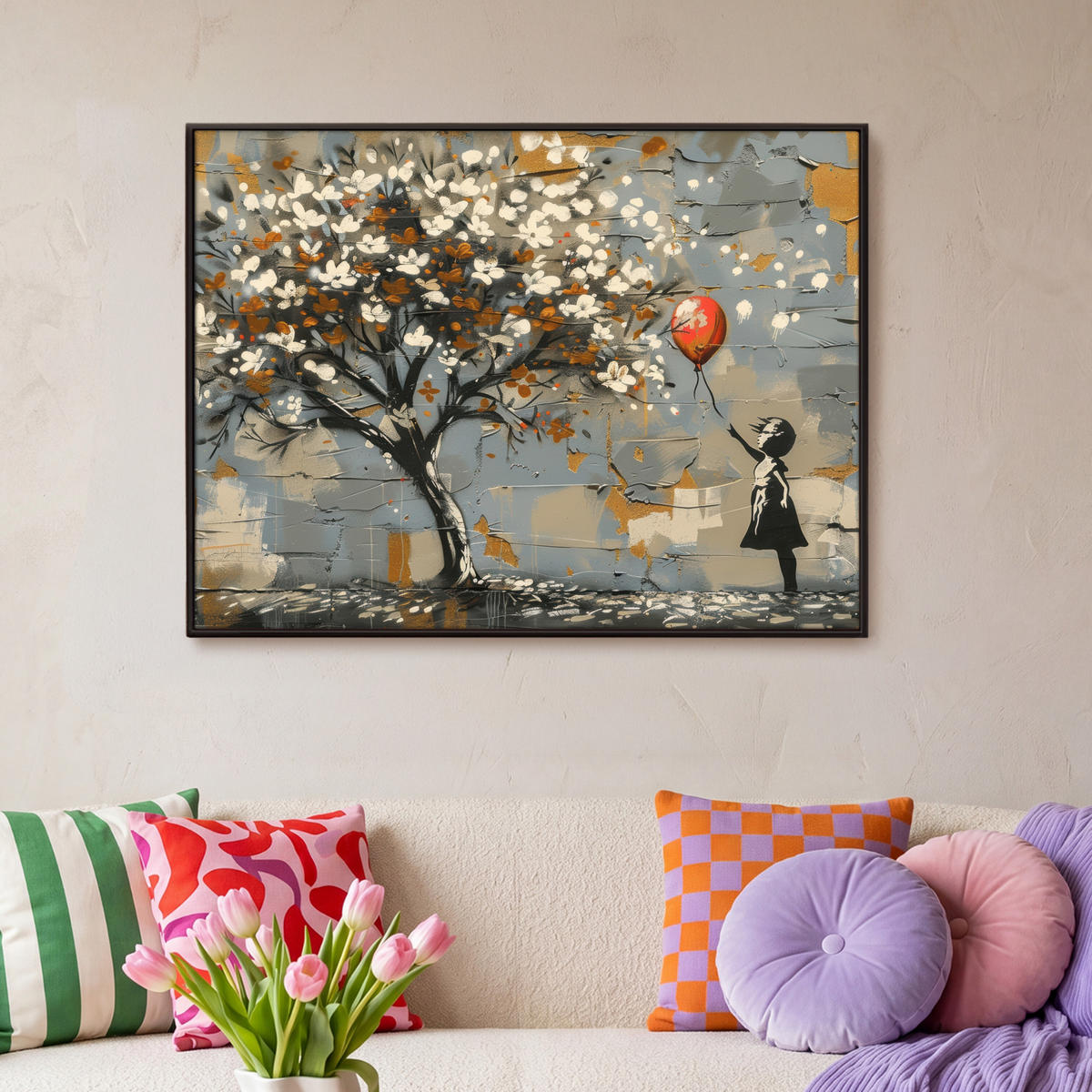 LEINWAND Bilder mit Rahmen - Baum - Graffiti - Banksy-Stil - Ballon-Mädchen - 100x70 - Blaugrau, Textil (100/70cm) - MuchoWow