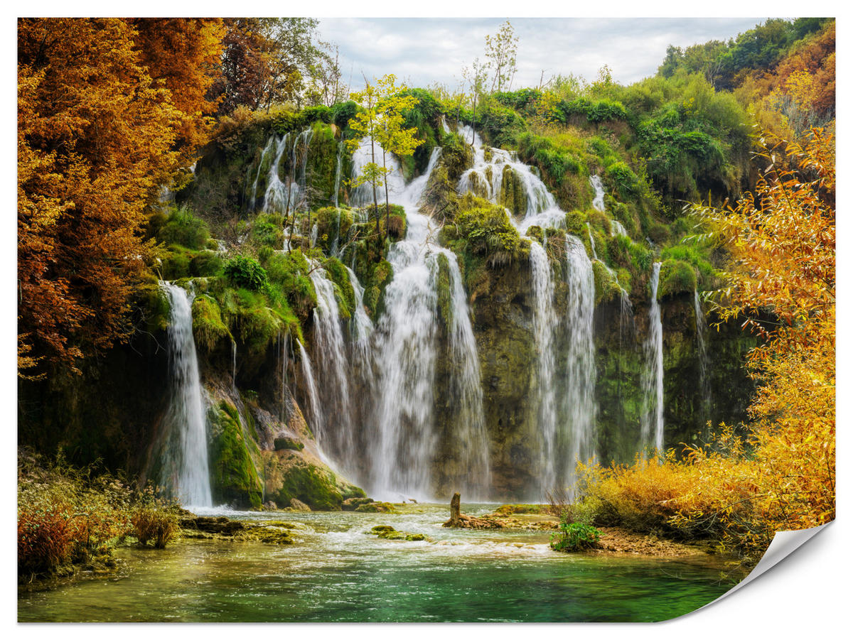 FOTOTAPETE für Esszimmer Exotischer Wasserfall Herbstbaum 350x256 - Gelb/Beige, Papier (350/256cm) - Muralo