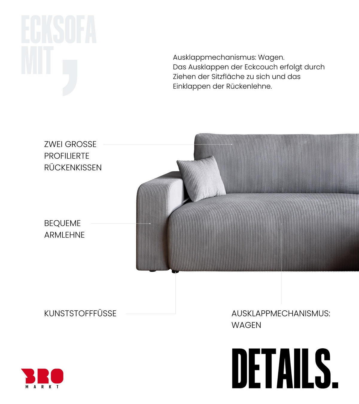 ECKSOFA PUMI XL mit Schlaffunktion Hellgrau Cord - Hellgrau, Textil (274/148cm) - Bromarkt