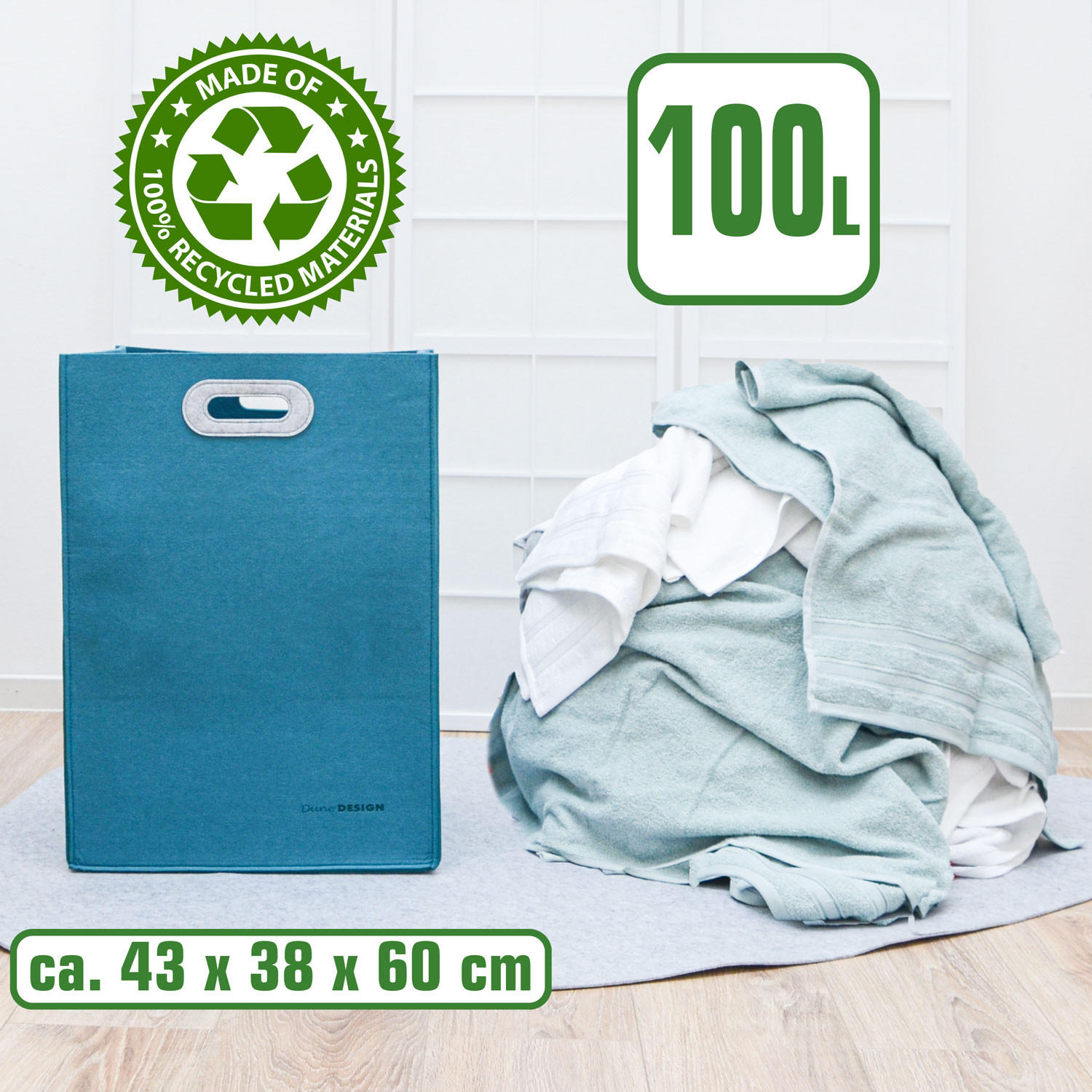 WÄSCHEKORB 100 Liter 43x38x60 cm Petrolfarben - Blau, Kunststoff (38/60/43cm) - Dunedesign