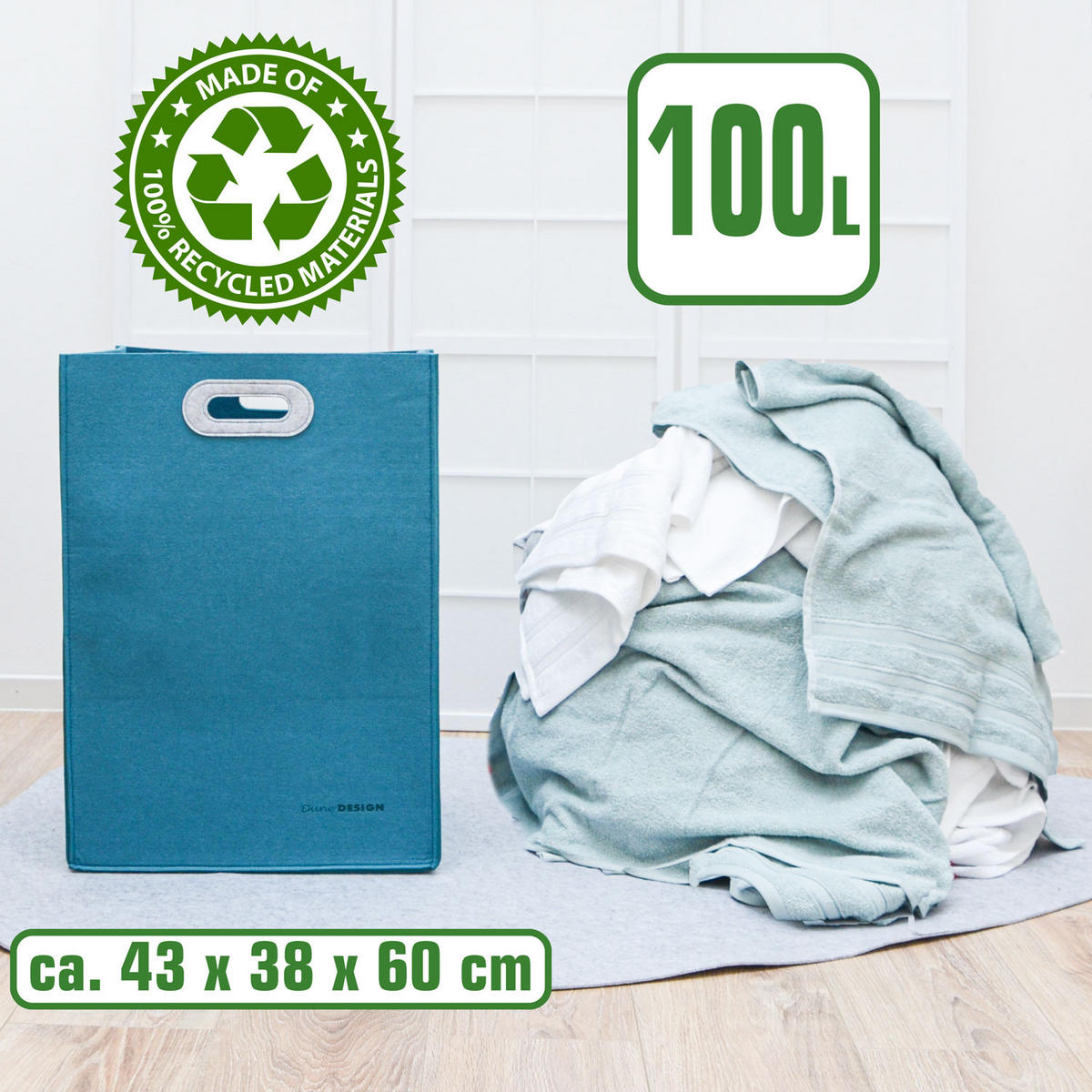 WÄSCHEKORB 100 Liter 43x38x60 cm Petrolfarben - Blau, Kunststoff (38/60/43cm) - Dunedesign
