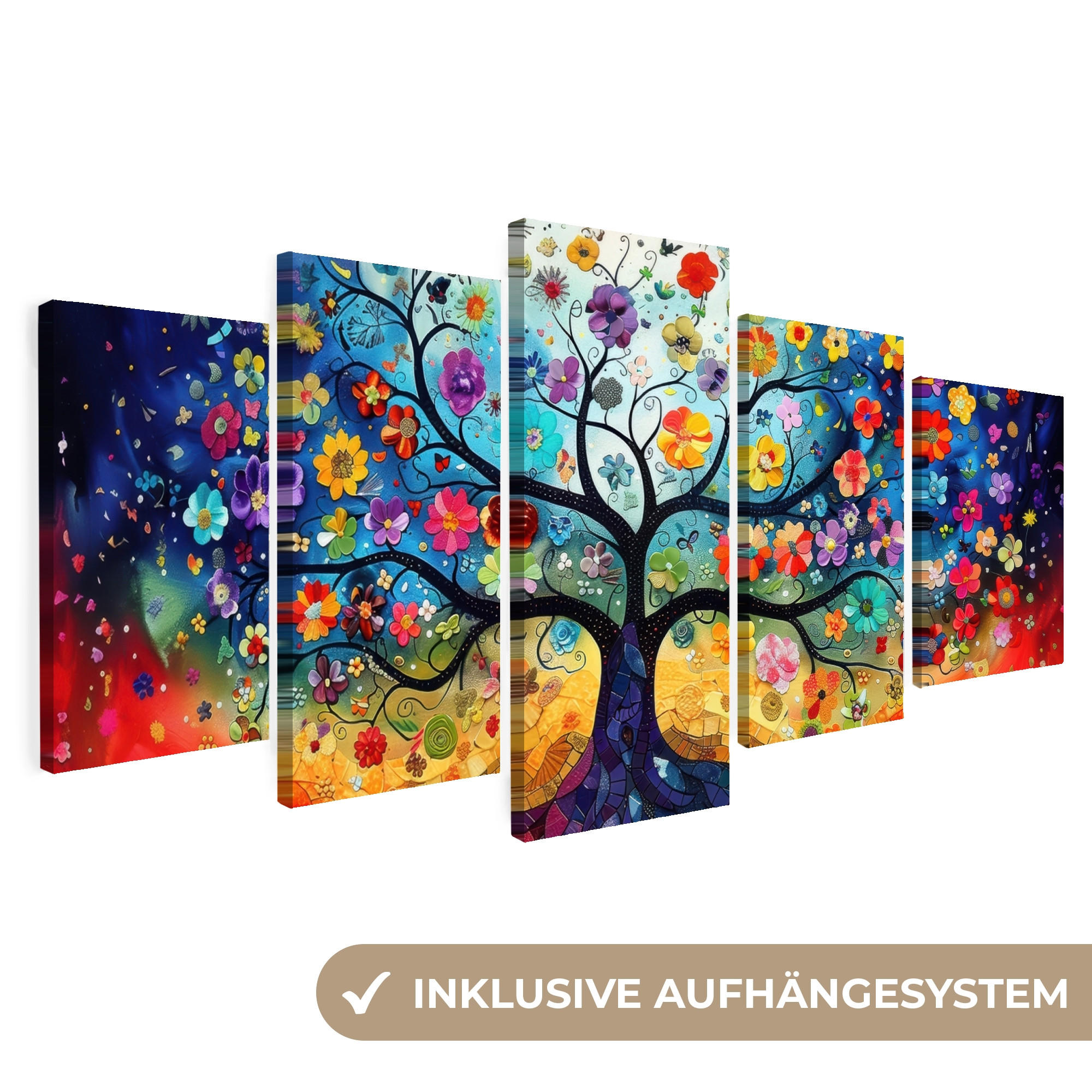 LEINWANDBILD - 5er Set - Bunt - Baum des Lebens - Blumen - Abstrakt - 100x50 - Blau, Textil (100/50cm) - MuchoWow