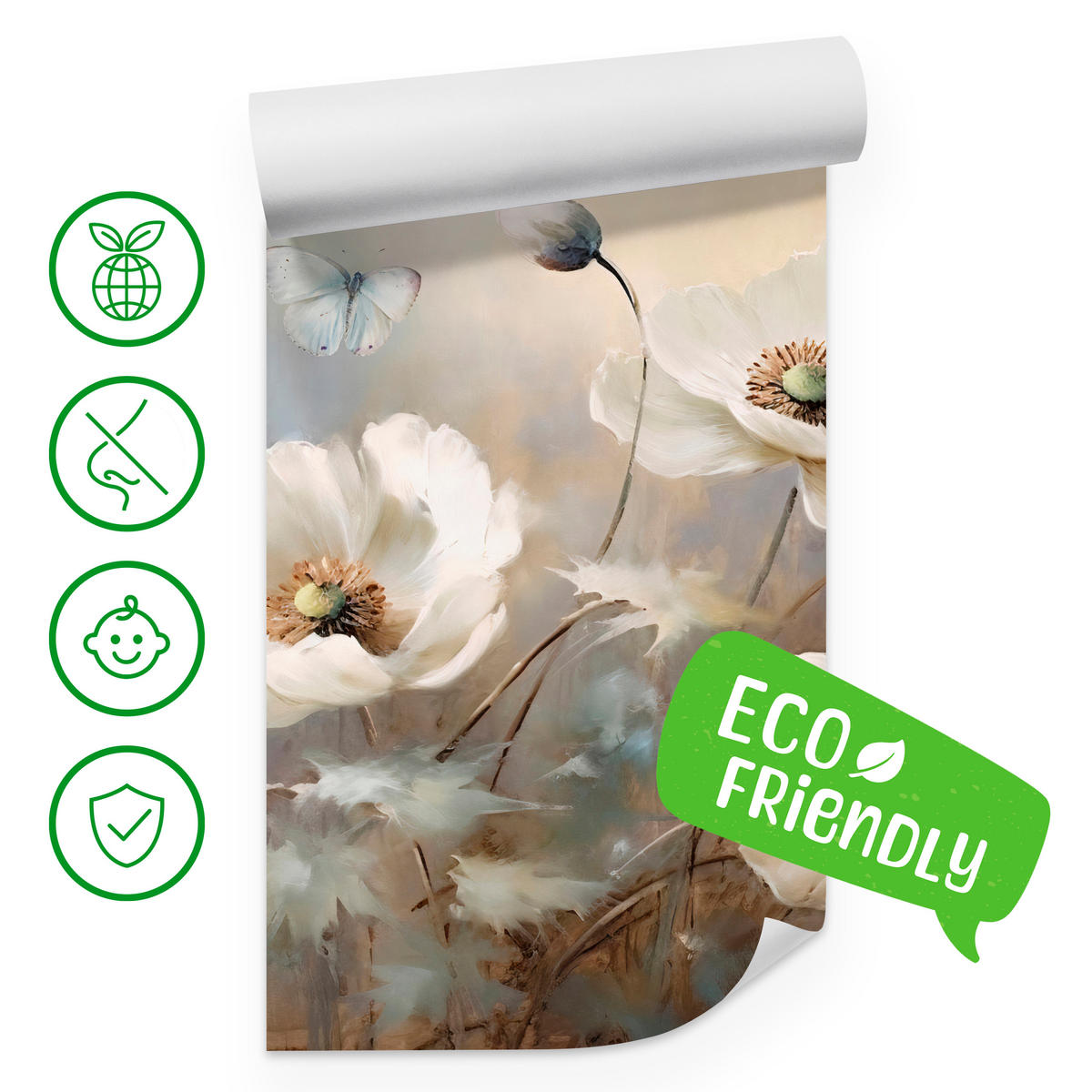 FOTOTAPETE für Schlafzimmer Abstrakte Weiße Mohnblumen Schmetterlinge Aquarell 300x210 - Beige/Braun, Papier (300/210cm) - Muralo