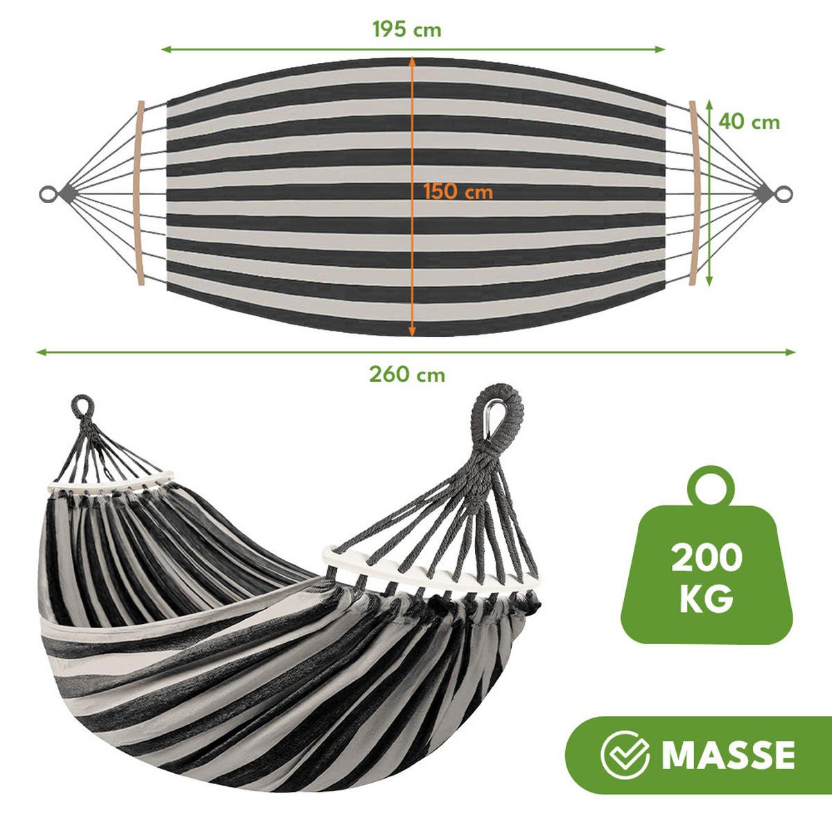 HÄNGEMATTE Weiß-Schwarz - Schwarz, Textil (150/40/260cm) - KRUMAD