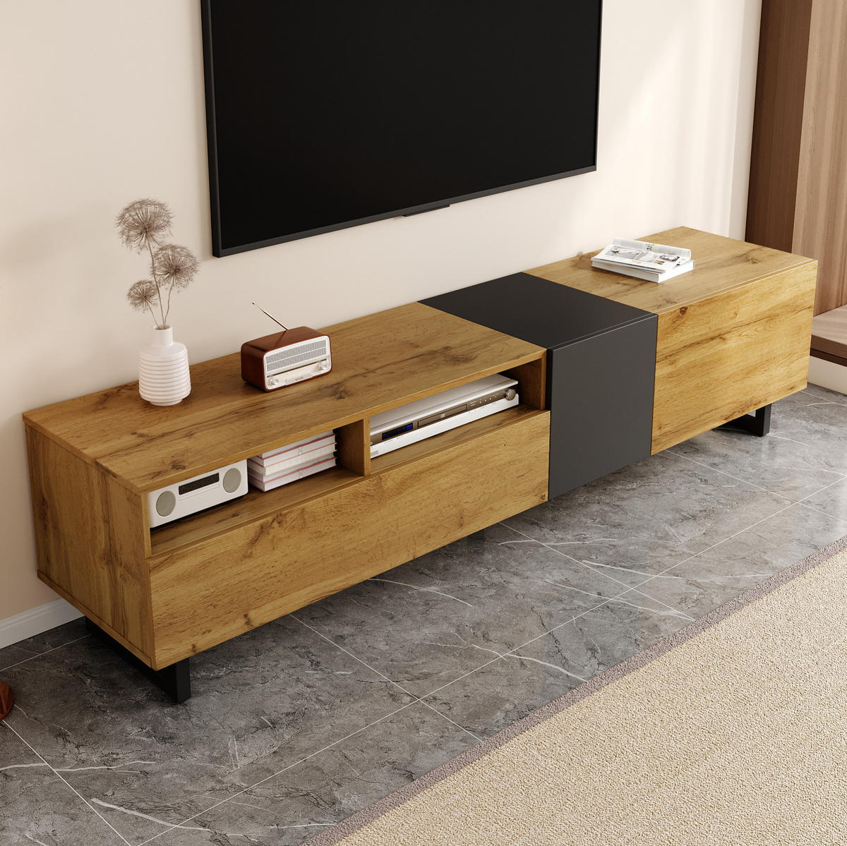 LOWBOARD 170/36.5/42 cm in Natur und Dunkelgrau aus Spanplatte mit 3 Türen und 2 offenen Fächern - Naturfarben, Holzwerkstoff (36.5/42/170cm) - OKMYHOME