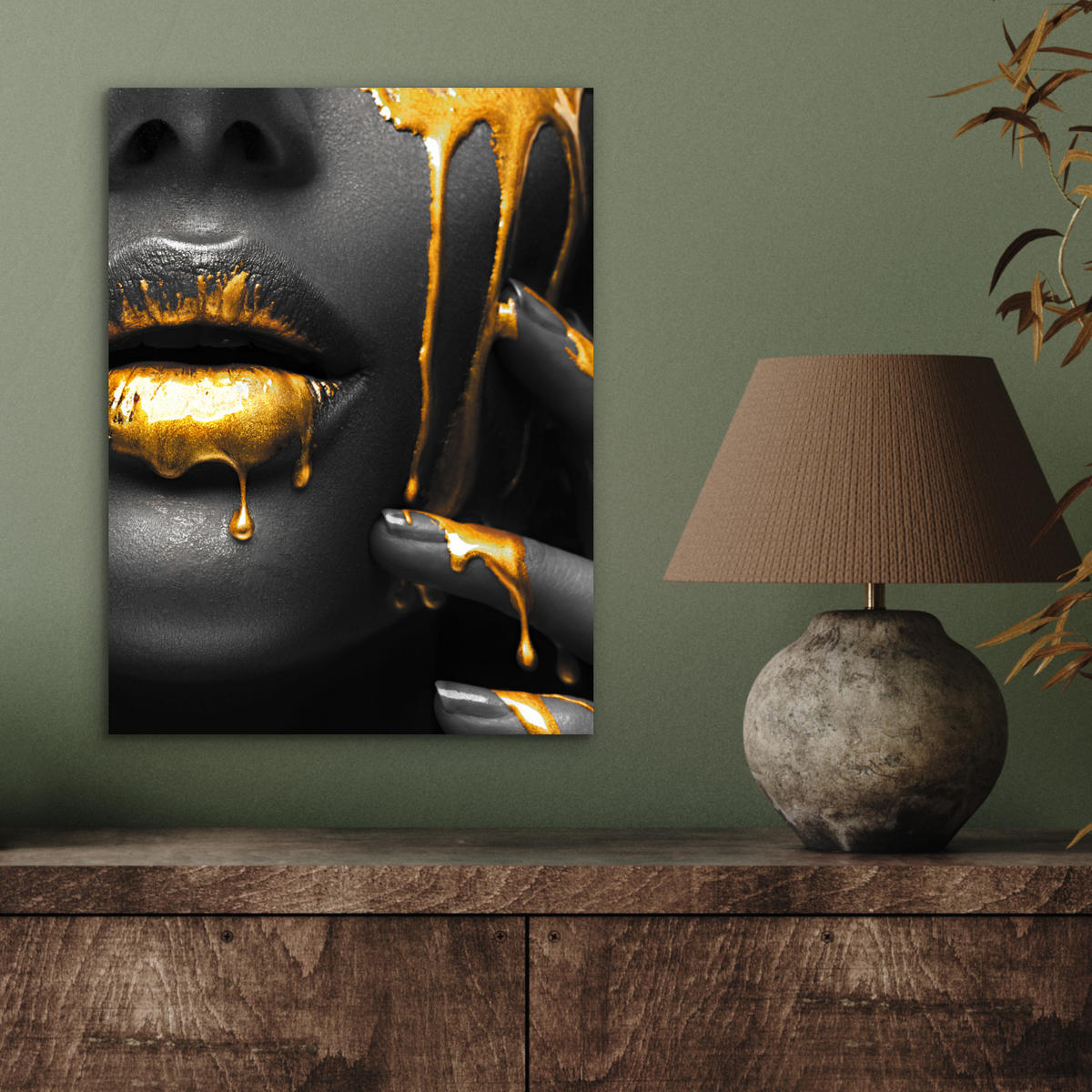 METALLBILD Frau - Schwarz - Gold - Gesicht - Lippen 30x40 cm - Goldfarben, Metall (30/40cm) - MuchoWow