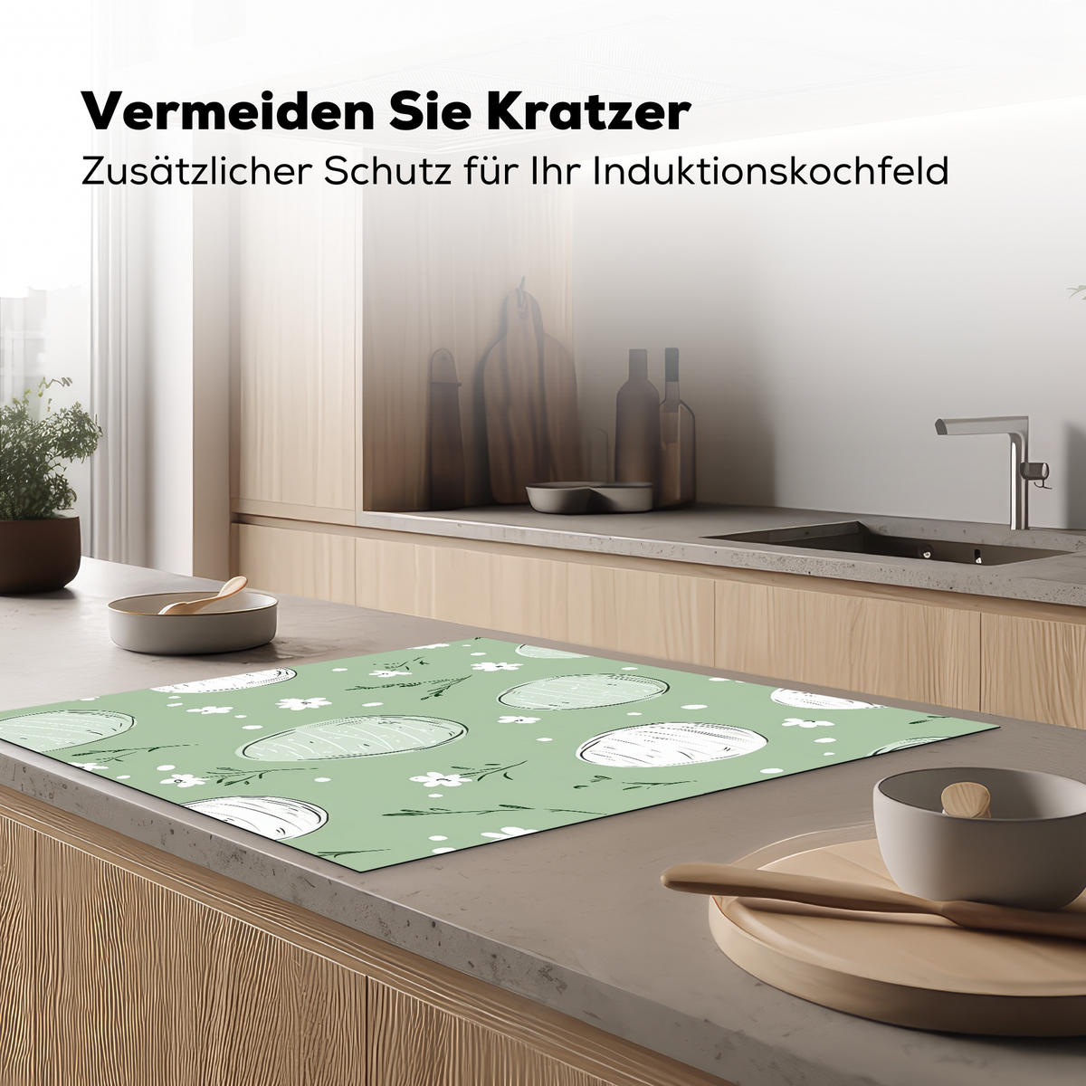 HERDABDECKPLATTE Grün - Eier - Muster Induktionsmatte 78x78 cm - Waldgrün, Kunststoff (78/78/0.2cm) - MuchoWow