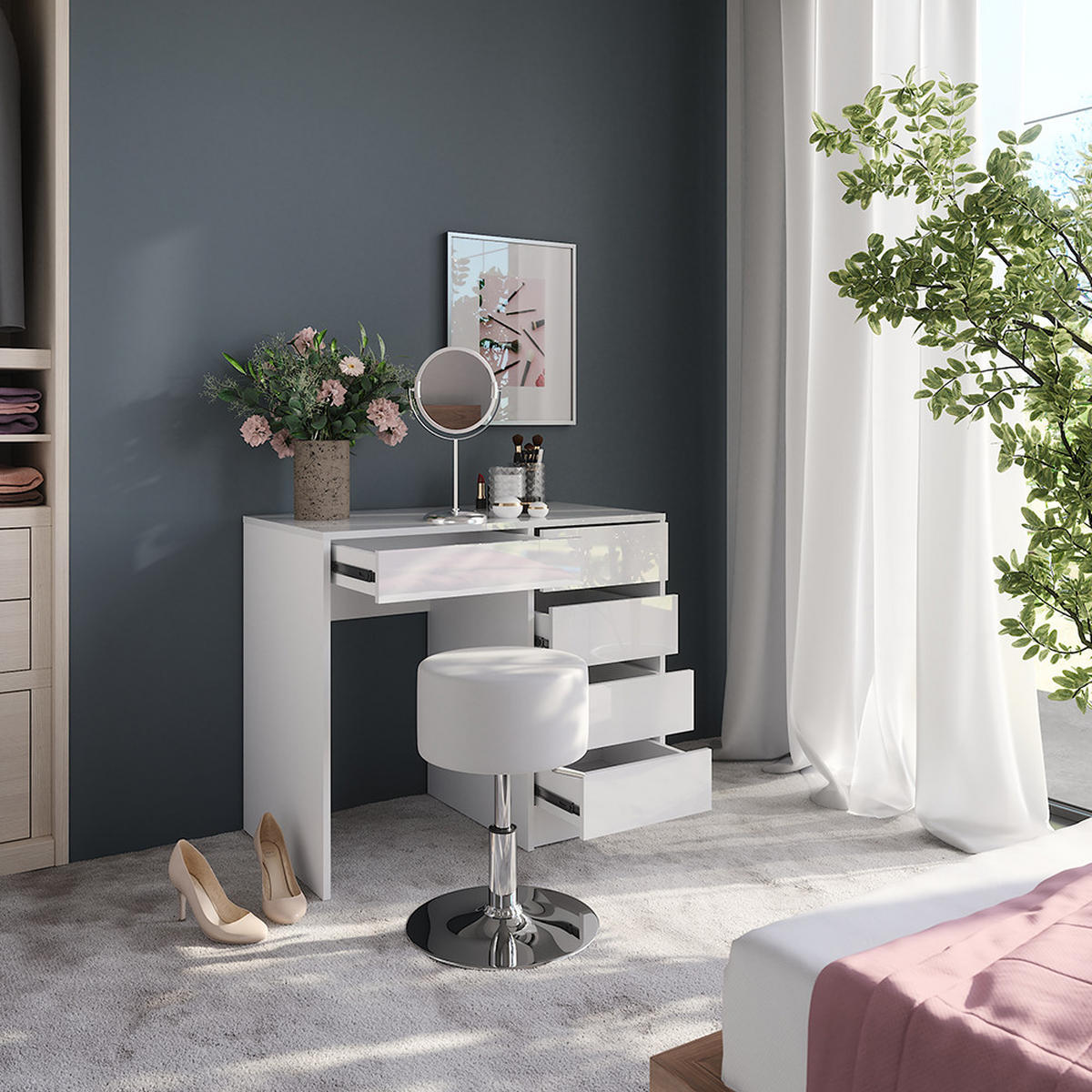 SCHMINKTISCH Sherry Weiß/Weiß Hochglanz 89.8 cm mit Hocker - Weiß Hochglanz, Holzwerkstoff (50.1cm) - Vicco
