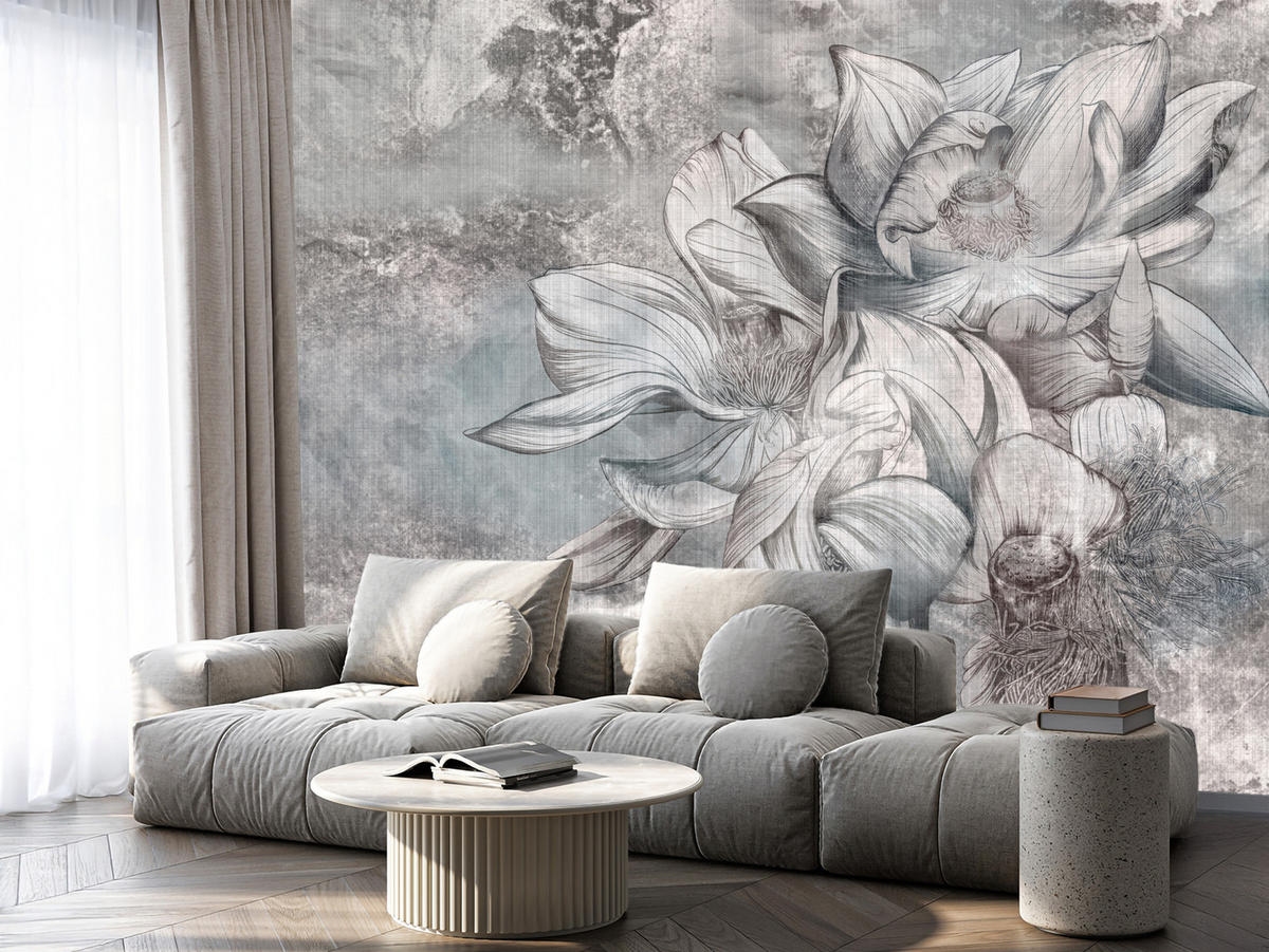 FOTOTAPETE für Wohnzimmer Wunderschöne Blume Betonwand Retro 250x175 - Grau, Papier (250/175cm) - Muralo