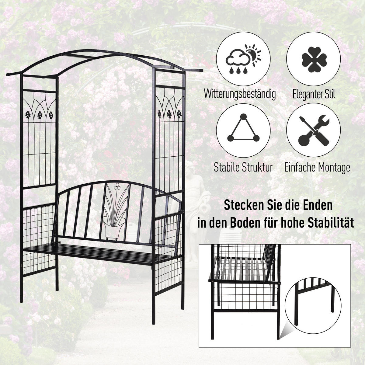 SITZBANK, Bogendach, 154 x 60 x 205 cm, Metall, Schwarz - Schwarz, Metall (154/205/60cm) - Outsunny