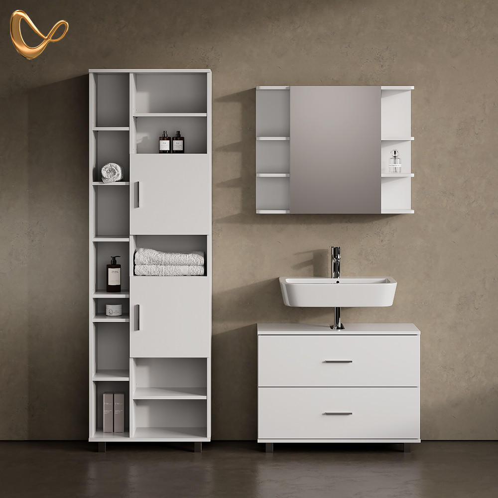 BADMÖBEL-SET Eisak Weiß 3 Teile, mit Hochschrank - Weiß, Holzwerkstoff (80/60/33cm) - Livinity®