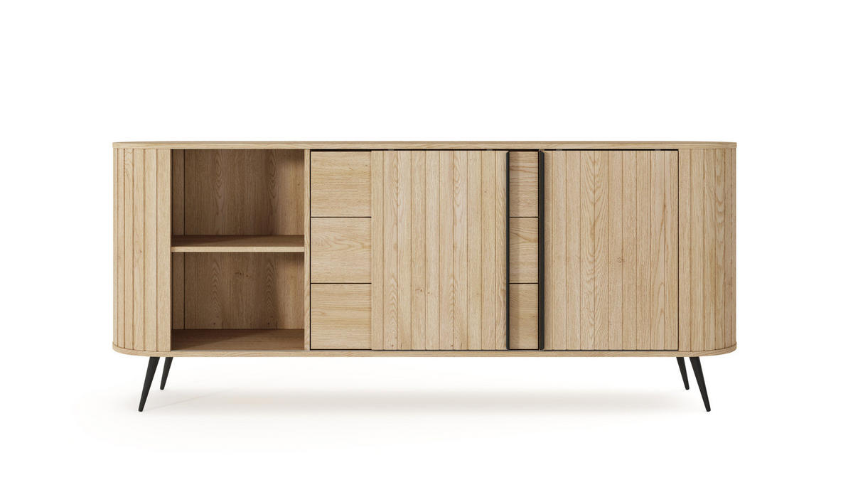 SIDEBOARD LOVI 196 cm Eiche Cremona - mit Schiebetüren und Riffel-Front - Eichefarben/Schwarz, Holz/Holzwerkstoff (196/82/40cm) - Ravio