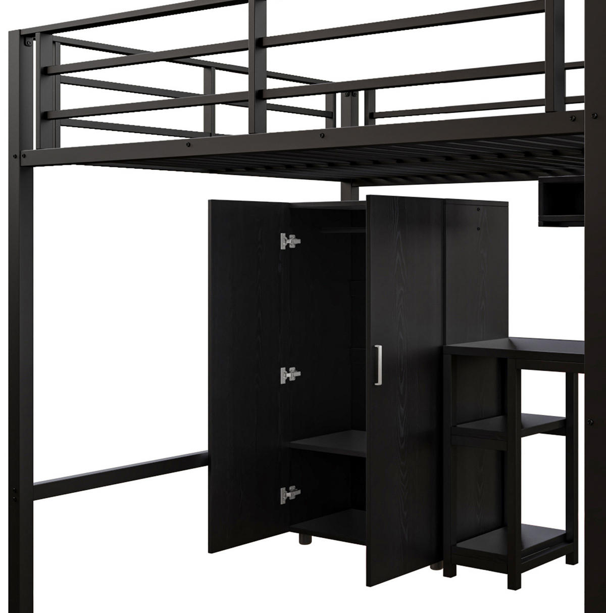 HOCHBETT 140/200 cm in Schwarz mit Schreibtisch, Kleiderschrank und Regalen - Schwarz, Metall (140/200cm) - BEAOK