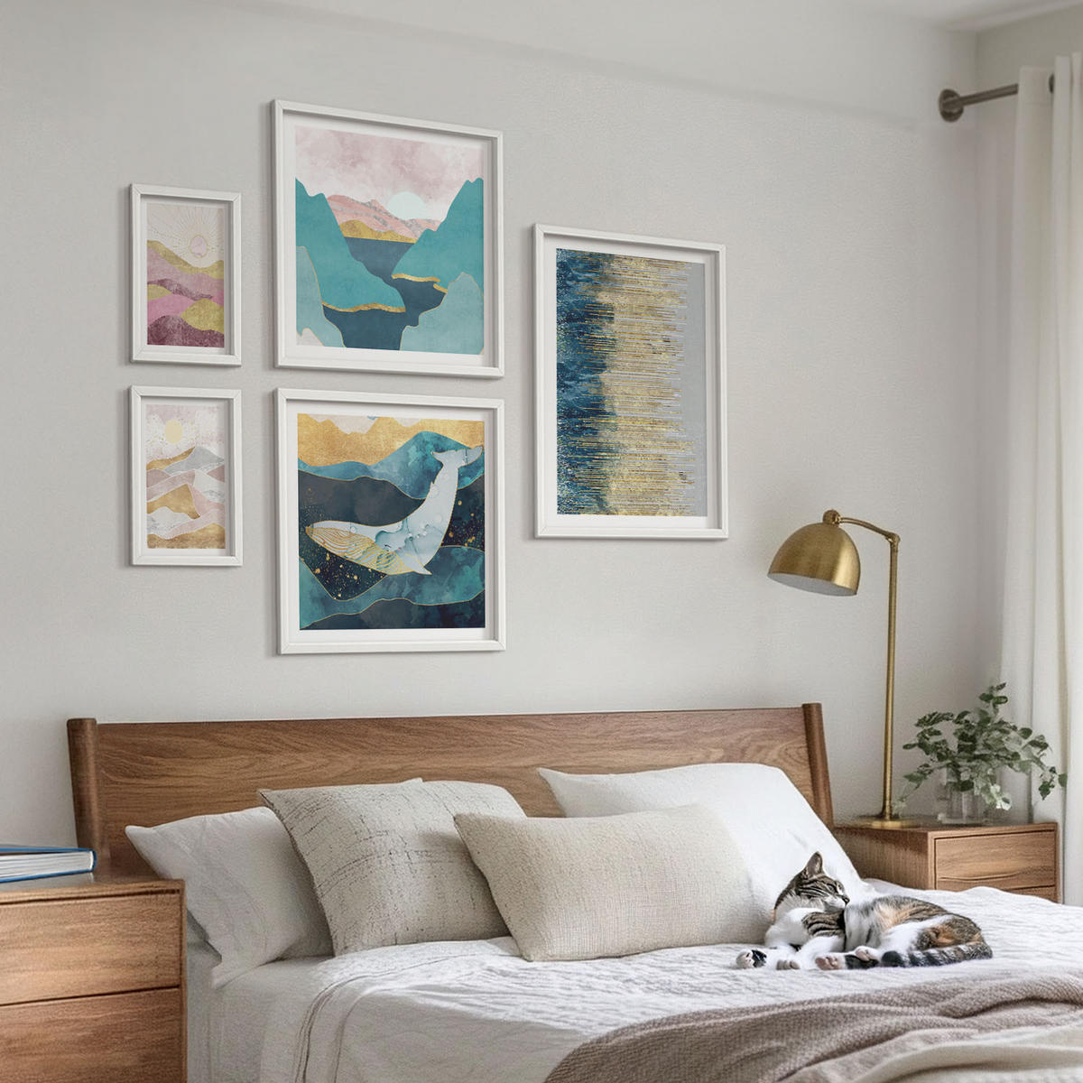 WANDBILDER 5er-Set - 50x50 cm & 20x30 cm & 40x60 cm Weißer Rahmen - Abstrakte Berge Sonne - Weiß, Kunststoff (40/60cm) - ArtPrintCave