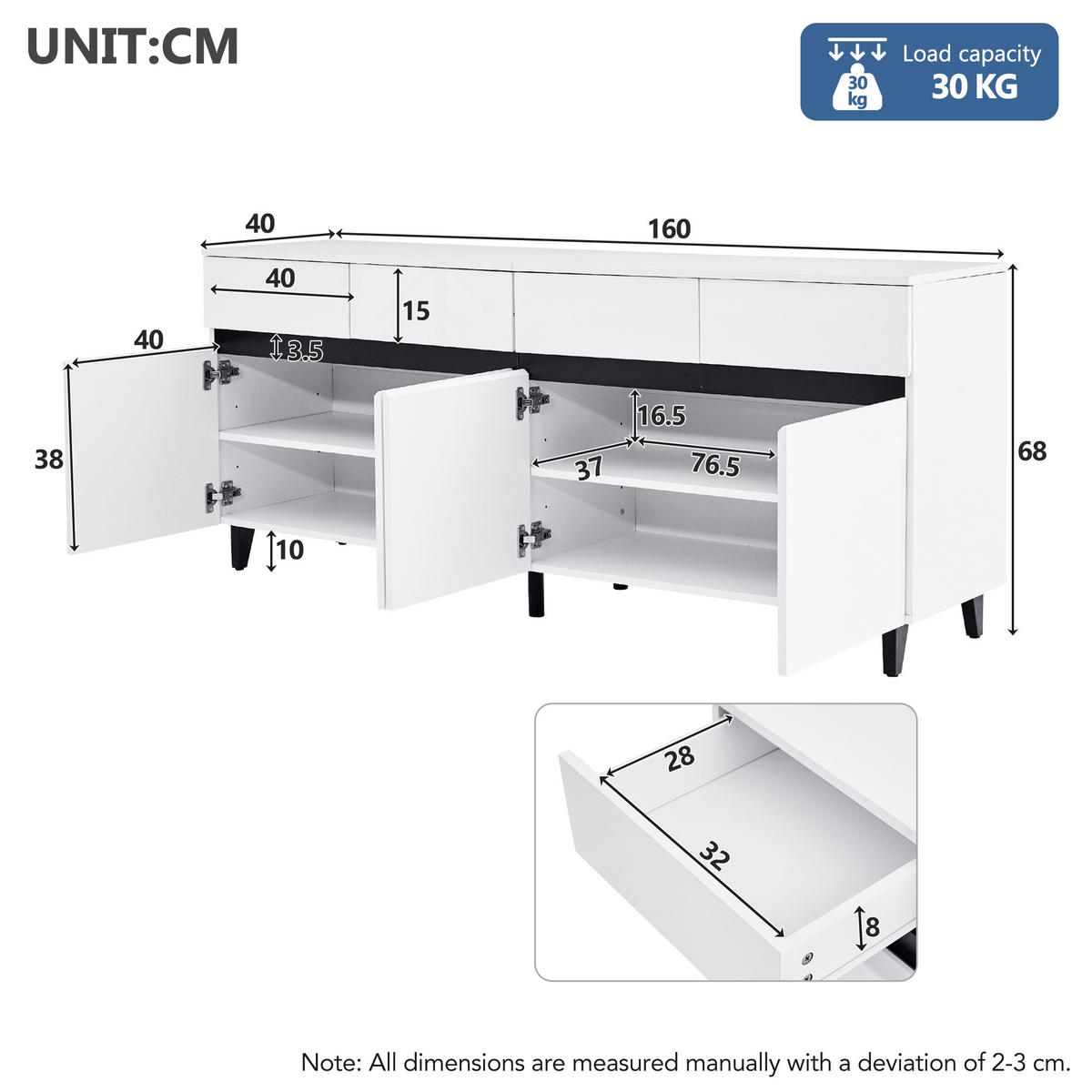 SIDEBOARD, 4 Schubladen, 2 Türen, Hochglanz - Weiß, Holzwerkstoff (40/68/160cm) - FLIEKS