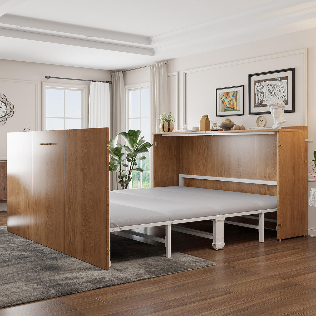 KLAPPBETT 140/200 cm in Holz mit Leinenmatratze und Rollen - Nussbaumfarben, Holzwerkstoff/Textil (140/200cm) - WISHDOR