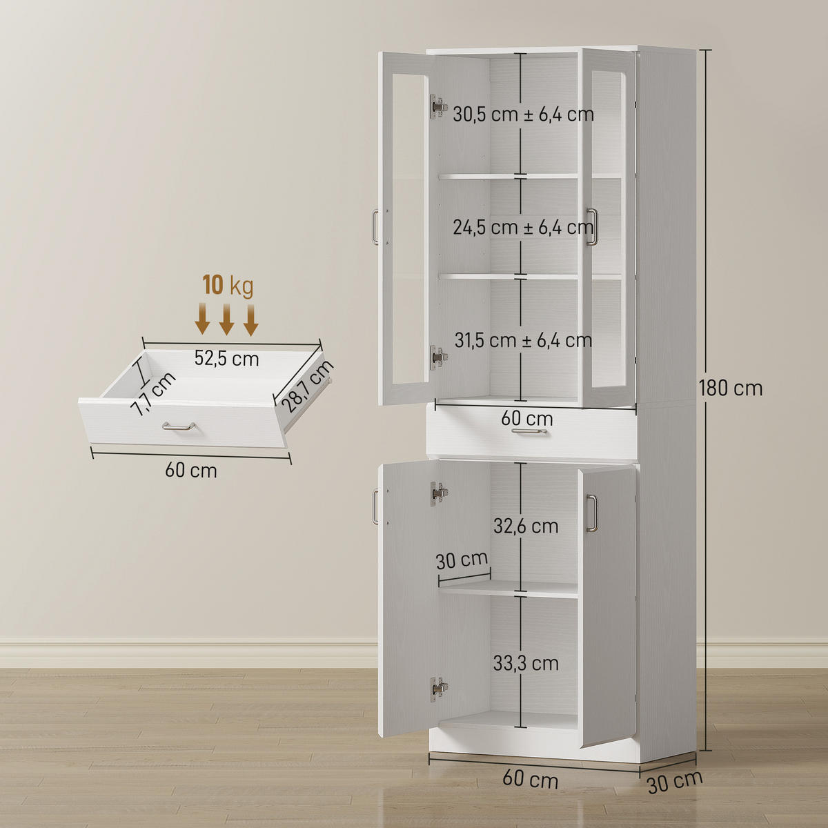 HIGHBOARD DE-11261 2 Glastüren & Schublade mit verstellbaren Böden Weiß - Weiß, Holzwerkstoff (35/180/60cm) - ComfortXL