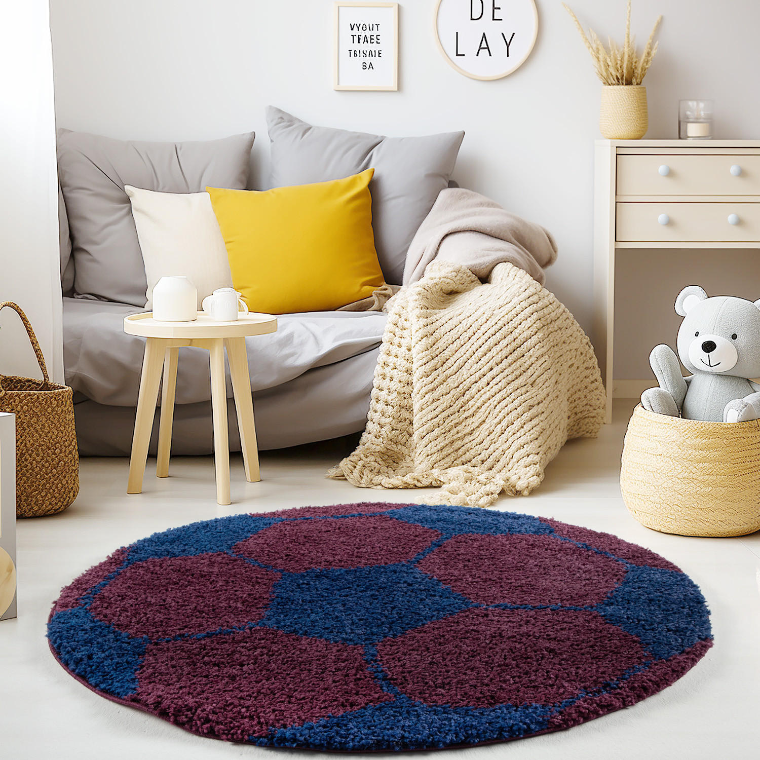TEPPICH Kinder Hochflor Fußball Motiv Polypropylen Kinderzimmer Marineblau Rund 100x100 - Blau, Textil (100/100cm) - KADIMA DESIGN