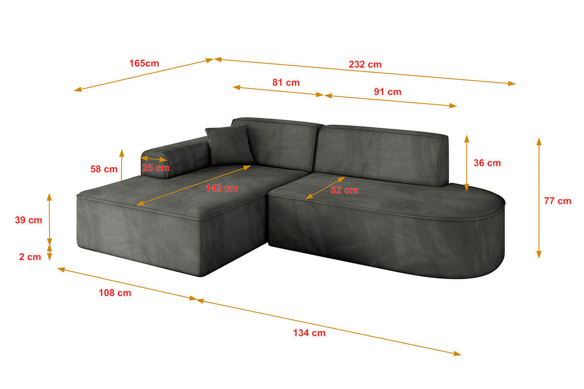 ECKSOFA Ottomane Links IREA-L1-v3 - 232x165x77 cm Ecru - Anthrazit, Holzwerkstoff/Textil (232/165cm) - ALTDECOR