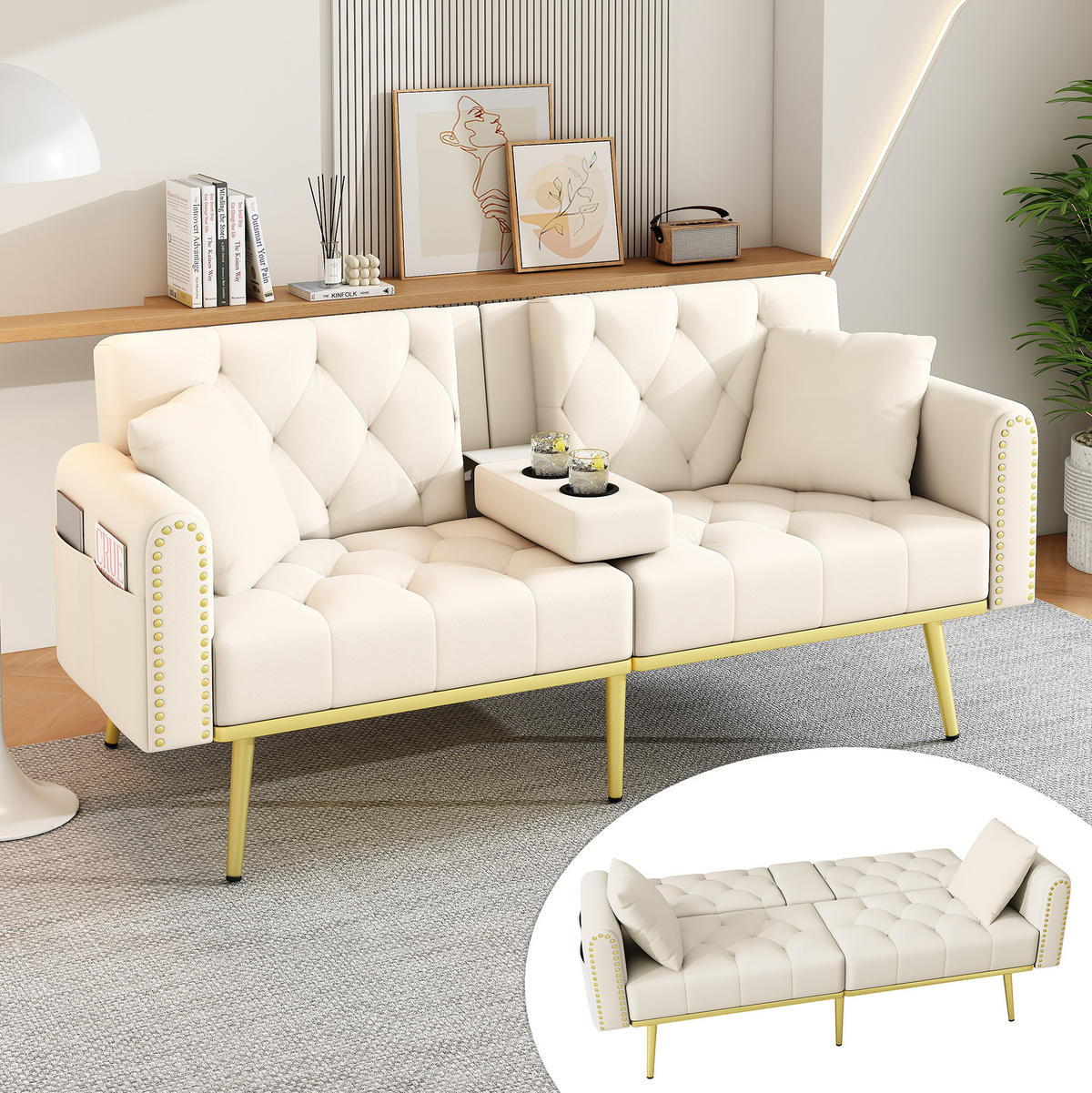SCHLAFSOFA aus Samt 175x80x73,5 cm in Beige mit Liegefunktion & Getränkehalter - Beige, Textil (175/73.5/80cm) - Modfu