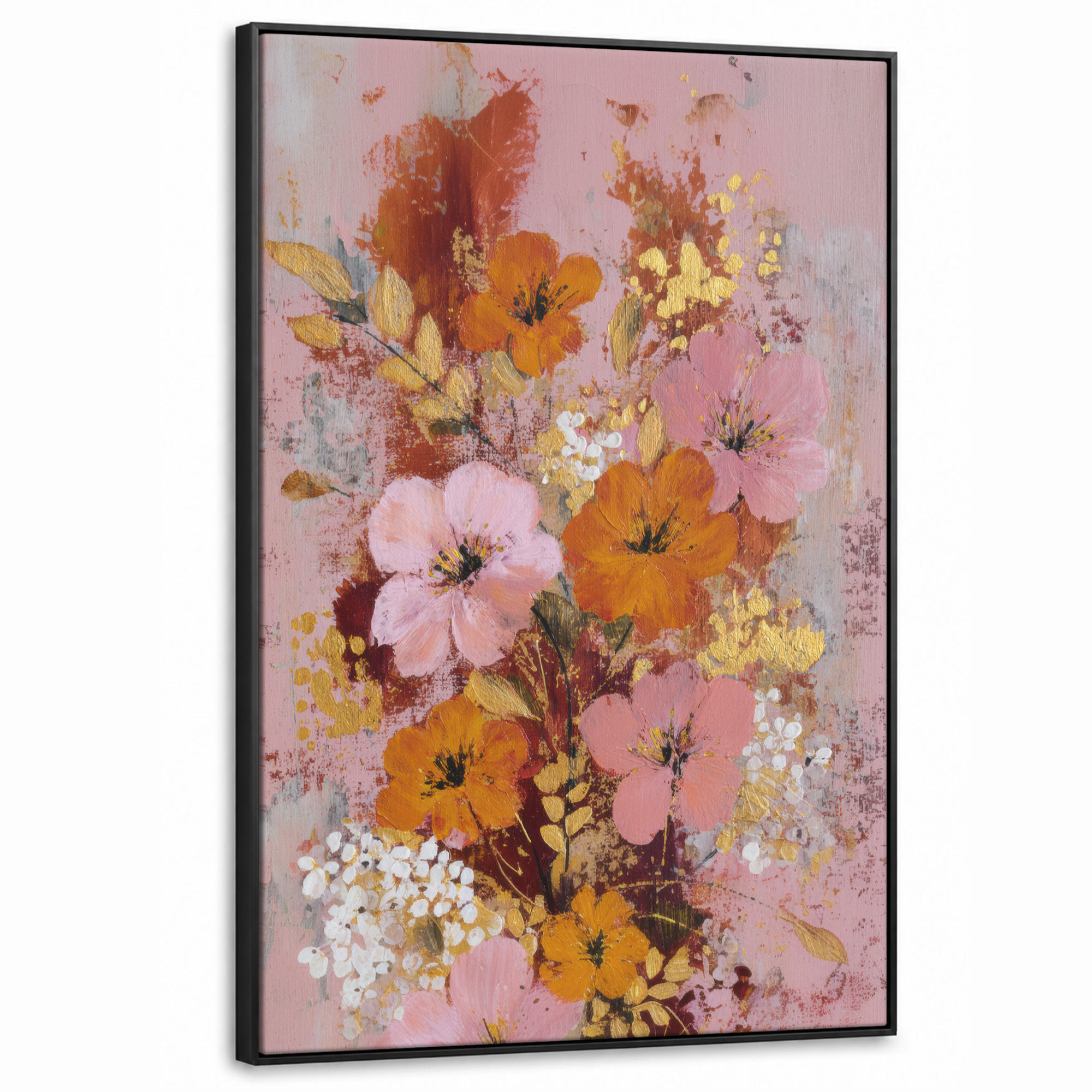 LEINWAND Bilder mit Rahmen - Malerei - Blumen - Rustikal - Rosa - 90x140 - Altrosa, Textil (90/140cm) - MuchoWow