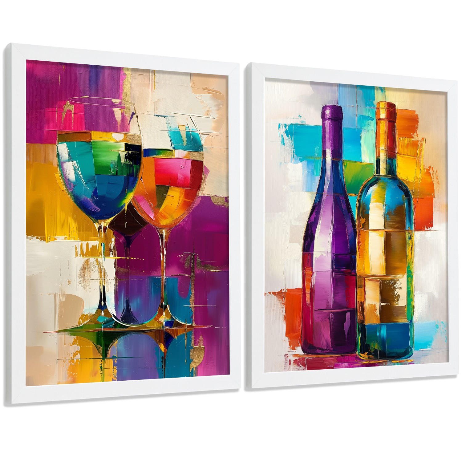 POSTER 2er Set Küchen-Wandbilder Weingläser und Flaschen Pop Art Bunt Abstrakt Esszimmer Wanddeko Weißer Rahmen A4 - Weiß, Papier (29.7/1/21cm) - Nacnic
