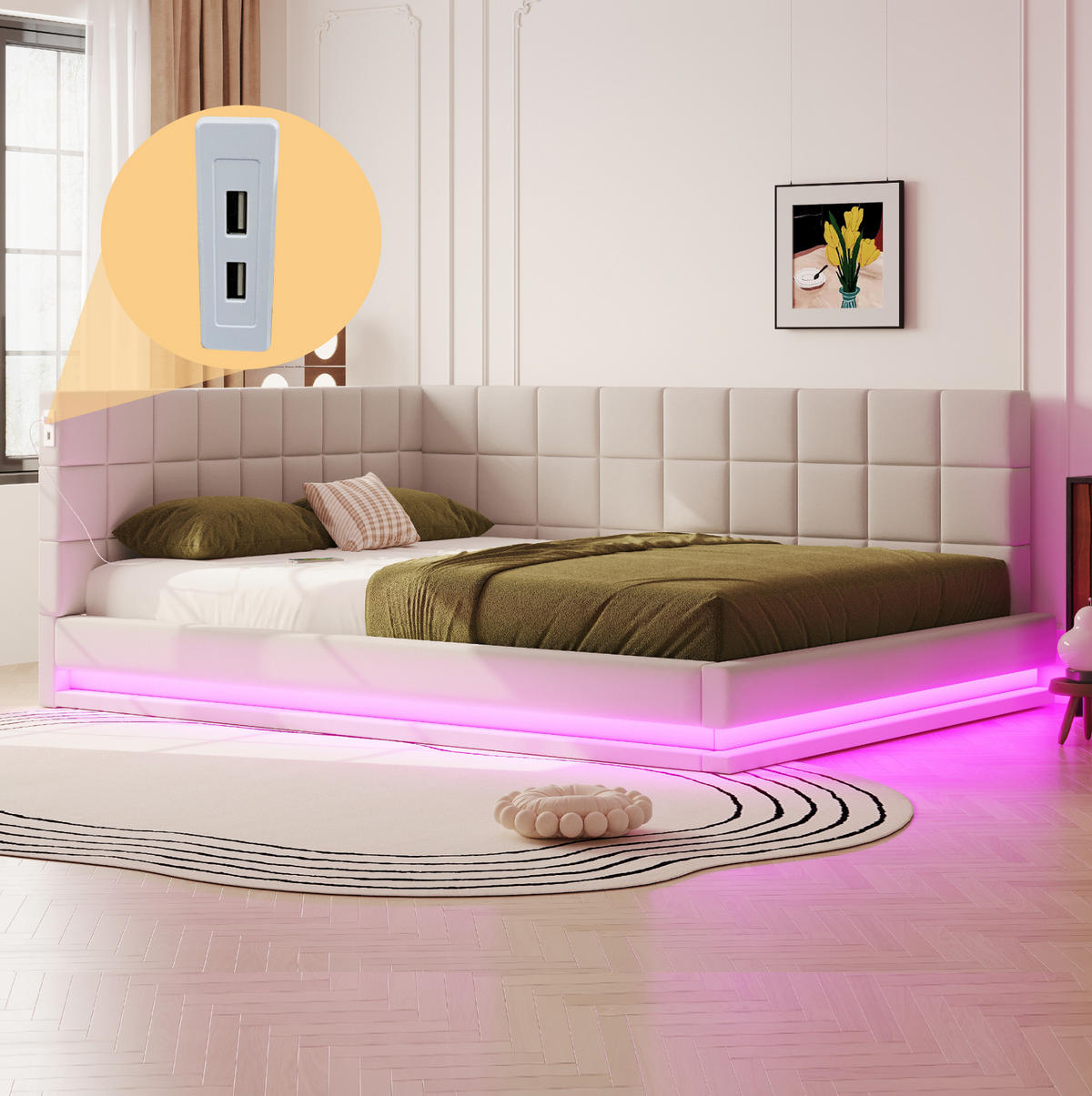 POLSTERBETT 160/200 cm Beige aus Leinenstoff mit LED-Beleuchtung und USB-Anschluss - Beige, Textil (160/200cm) - OKMYHOME