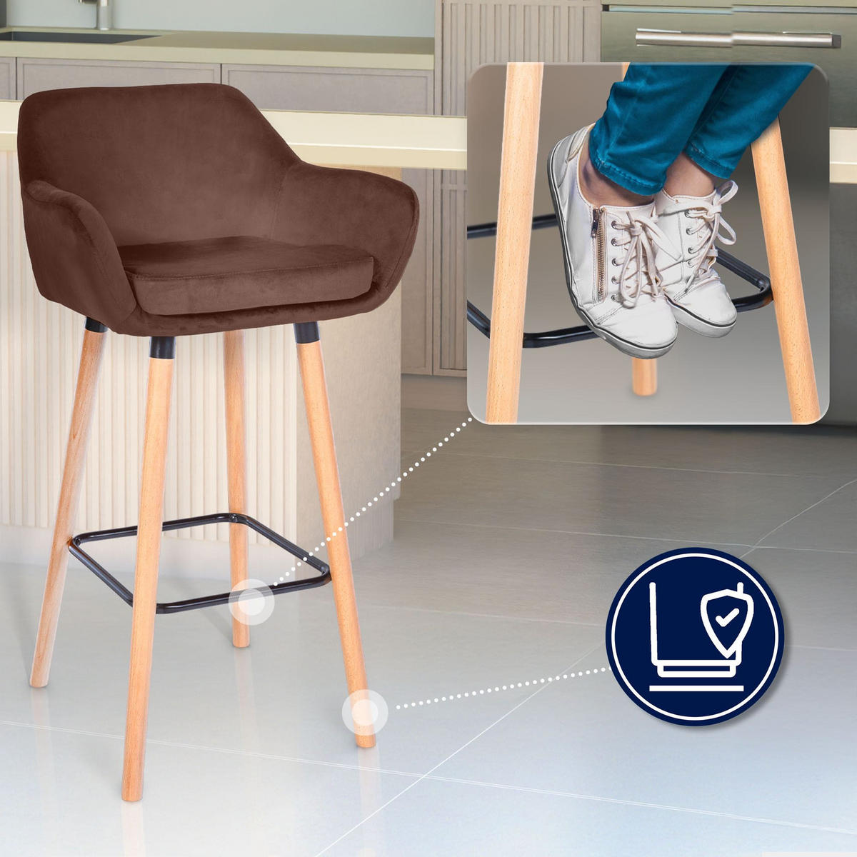 BARHOCKER Samt coffee - Hellbraun/Eukalyptusholzfarben, Holz/Textil (51/101/50cm) - CLP