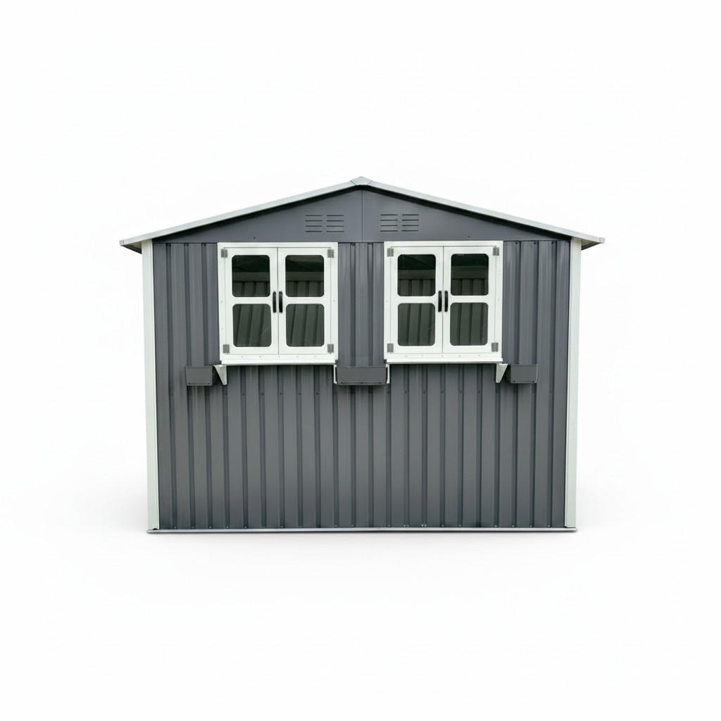 GERÄTEHAUS 275.7/181.7/194.8 cm Grau mit 2 Fenstern und Blumenregal (4,33 m²) - Grau, Metall (181.7/198.4/275.7cm) - Oxeza