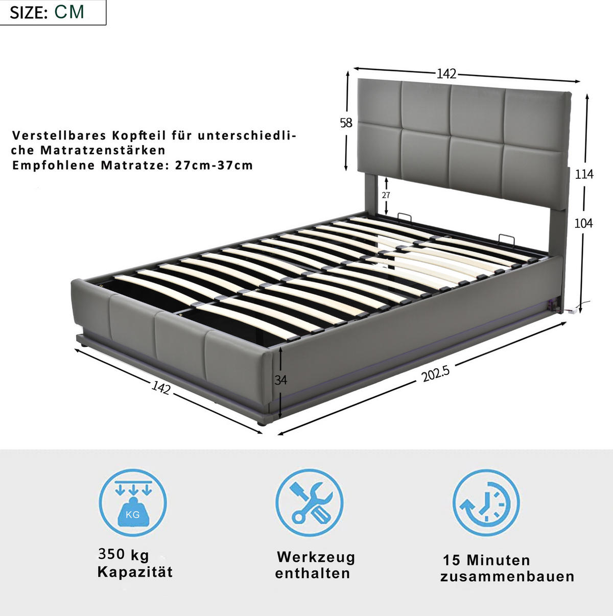 POLSTERBETT 140/200 cm grau mit LED-Beleuchtung und hydraulischem Bettkasten - Grau, Textil (140/200cm) - OKWISH