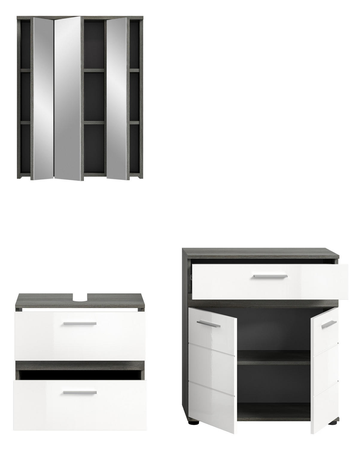 BADMÖBEL-SET 3-teilig weiß Hochglanz, grau 146 cm, Kombination mit viel Stauraum - Weiß Hochglanz/Grau, Holzwerkstoff (146/191/34cm) - Inn.Furn