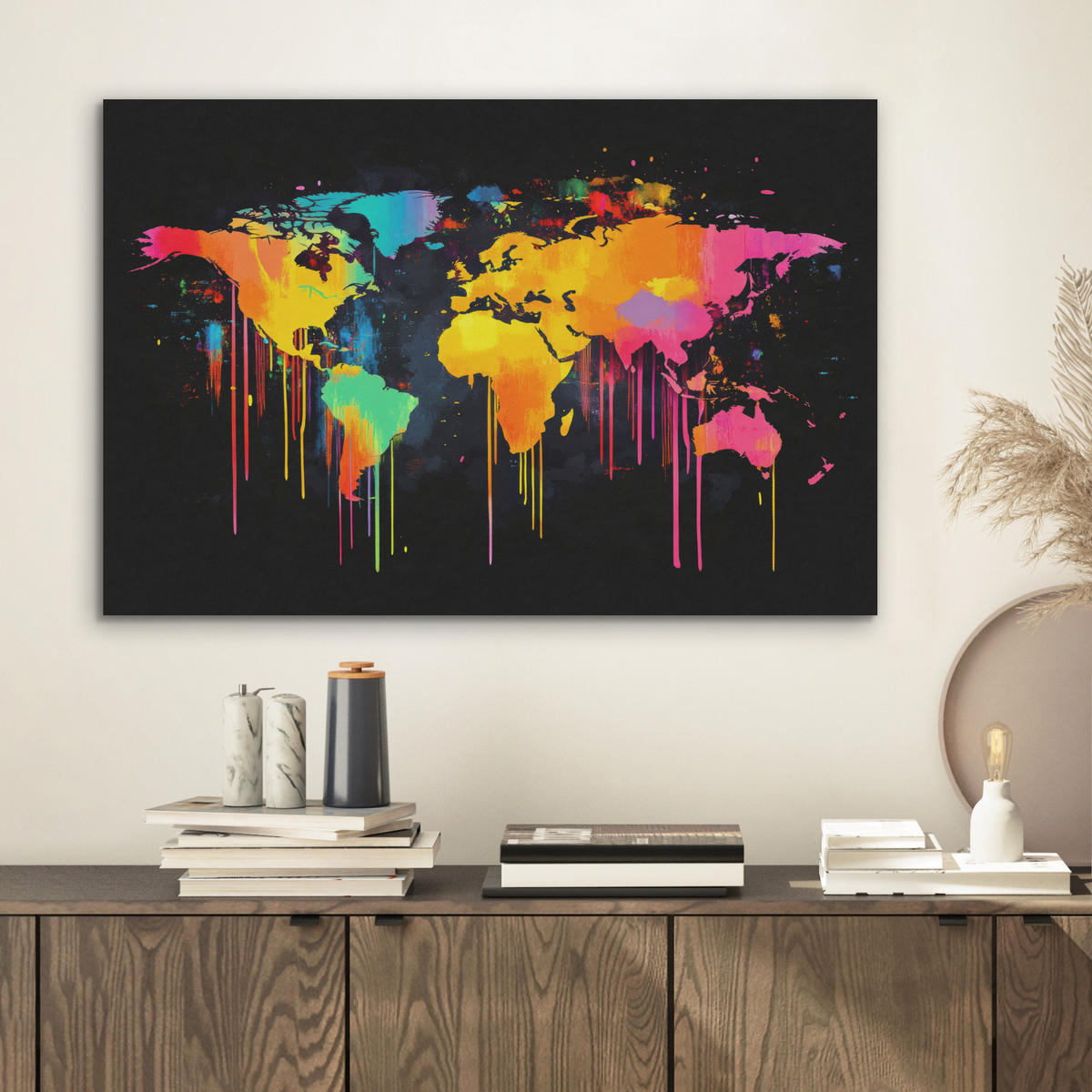 AKUSTIKBILD Weltkarte - Farbe - Bunt - Graffiti - Welt Wanddeko 70x50 cm - Multicolor, Kunststoff (70/50/0.9cm) - MuchoWow