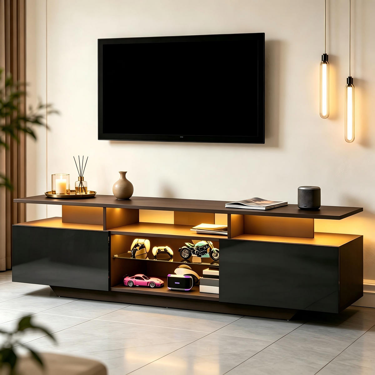 TV-ELEMENTFERNSEHSCHRANK Schwarz 160x40x45cm-TV-Board Hochglanz mit LED-App-Steuerung - Schwarz, Holz (50.5/14.99/76cm) - Raelunyi
