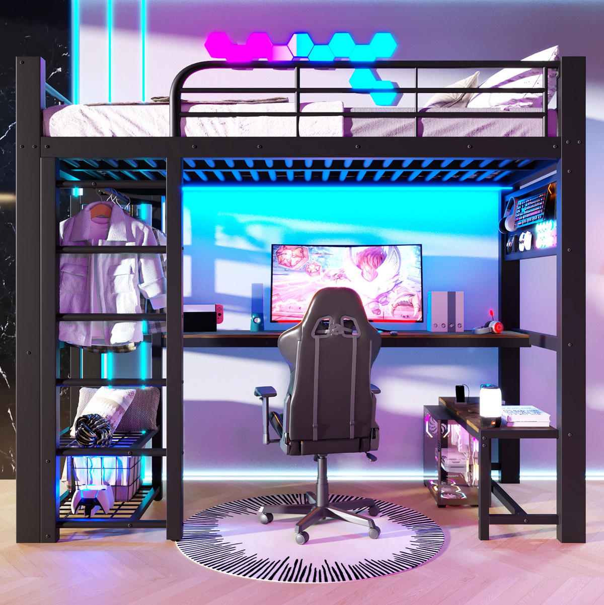 HOCHBETT 90/200 cm Metall mit LED, Schreibtisch und Kleiderstange - Schwarz, Metall (90/200cm) - MIVRAY