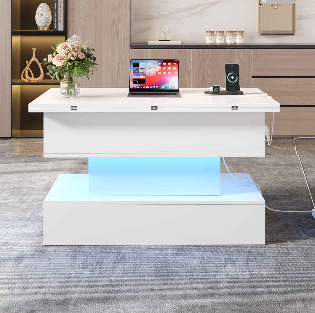 COUCHTISCH aus Spanplatte 100x50x51,5 cm in Weiß mit LED & Steckdose - Weiß, Holzwerkstoff (100/50/51.5cm) - Modfu