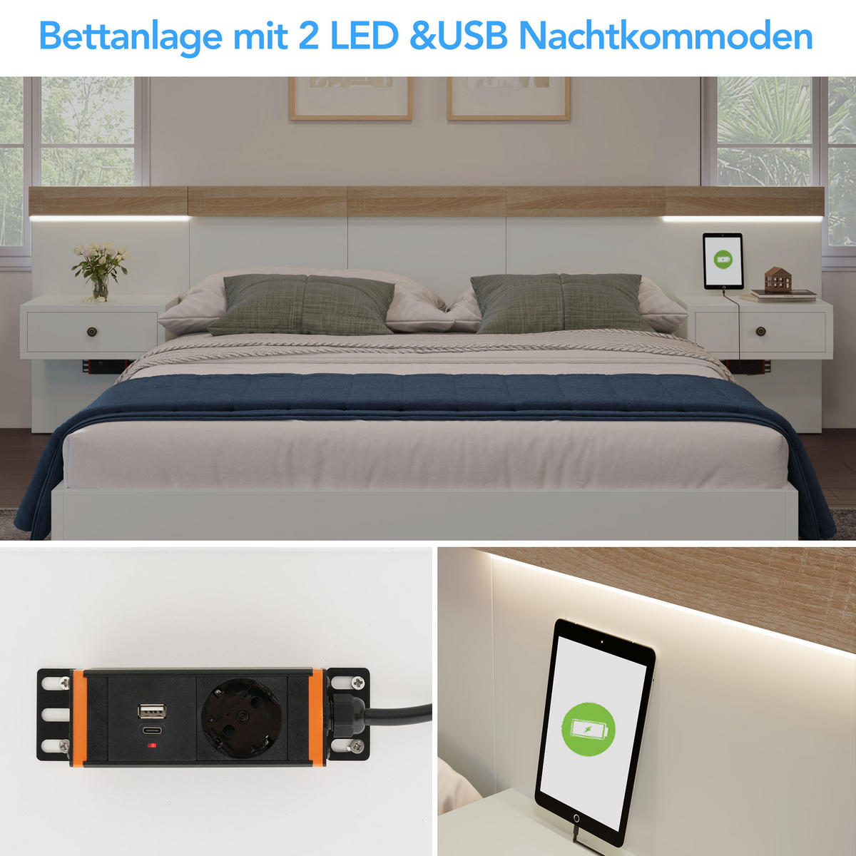 POLSTERBETT Weiß 160x200cm Eiche LED Stauraum Nachttische USB - Beige, Holzwerkstoff/Textil - Urban Meuble