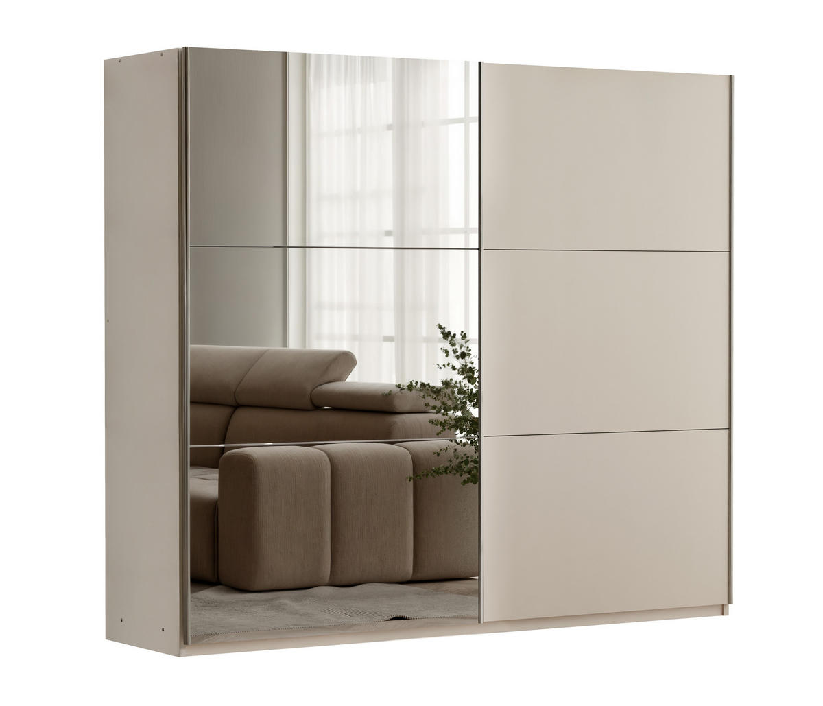 SCHWEBETÜRENSCHRANK IVERN 250/215/65 cm 2-türig mit Spiegel Beige - Beige, Holzwerkstoff (250/215/65cm) - MASSENO