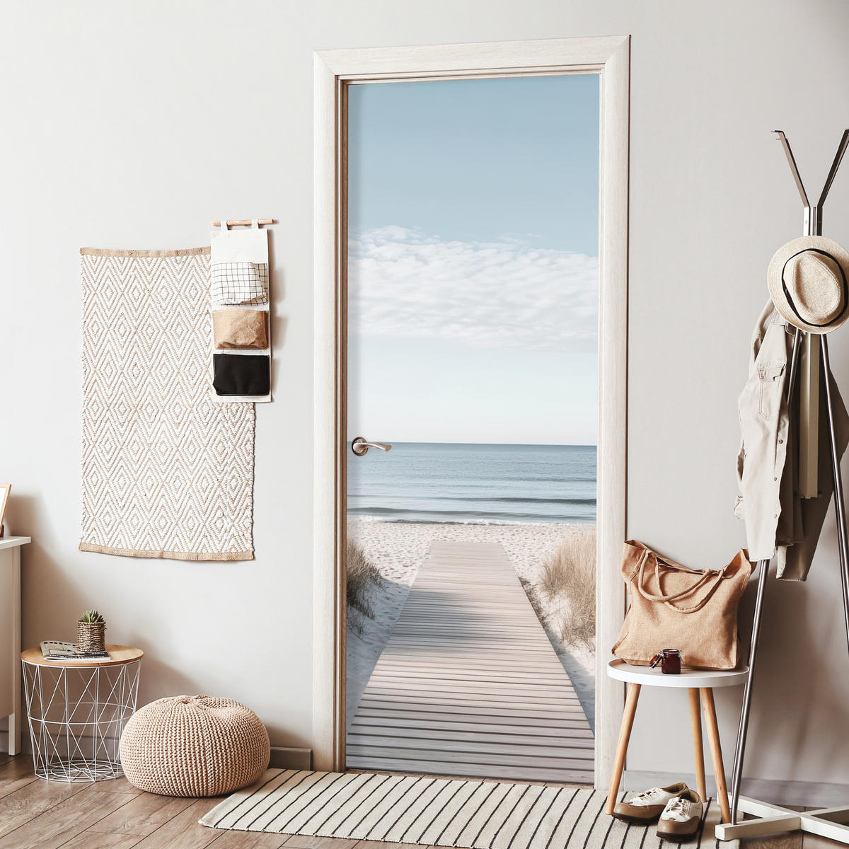 TÜRAUFKLEBER Selbstklebend - Pfad - Strand - Dünen - Natur 95x235 cm - Türtapete - Hellgrau, Kunststoff (95/0.1cm) - MuchoWow