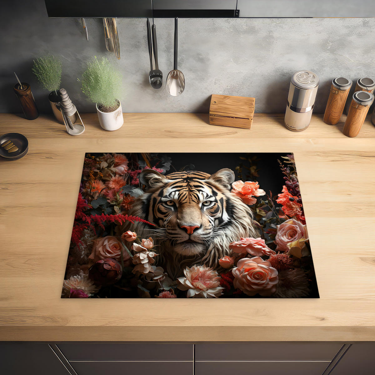 HERABDECKPLATTE - Tiger - Tier - Natur - Floral - Botanisch - 65x55 - Orange, Kunststoff (65/55/0.2cm) - MuchoWow