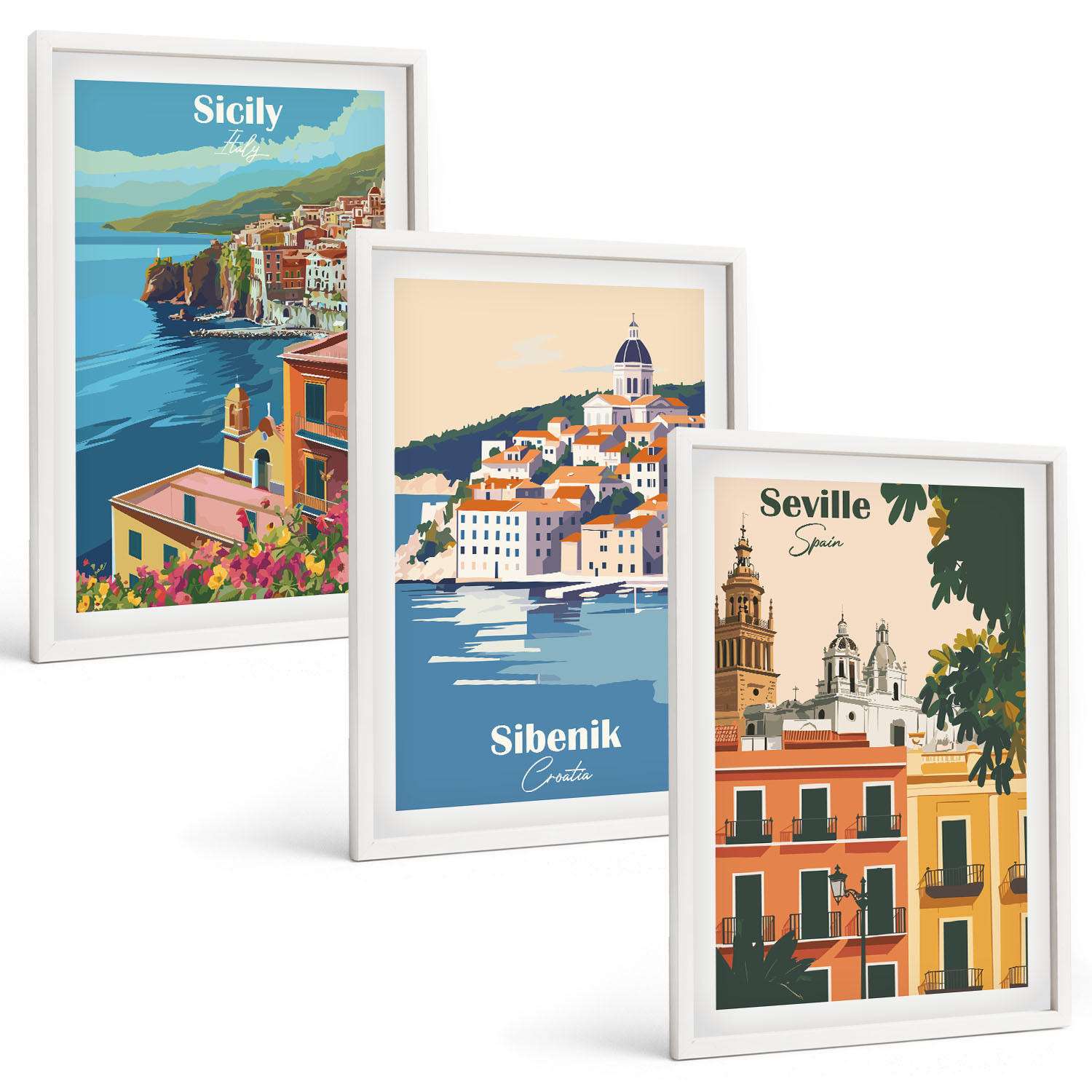 BILDER SET 3er Set - 40x60 cm Weißer Rahmen - Stadtlandschaften mit Gebäuden - Weiß, Kunststoff (40/60cm) - TULUP