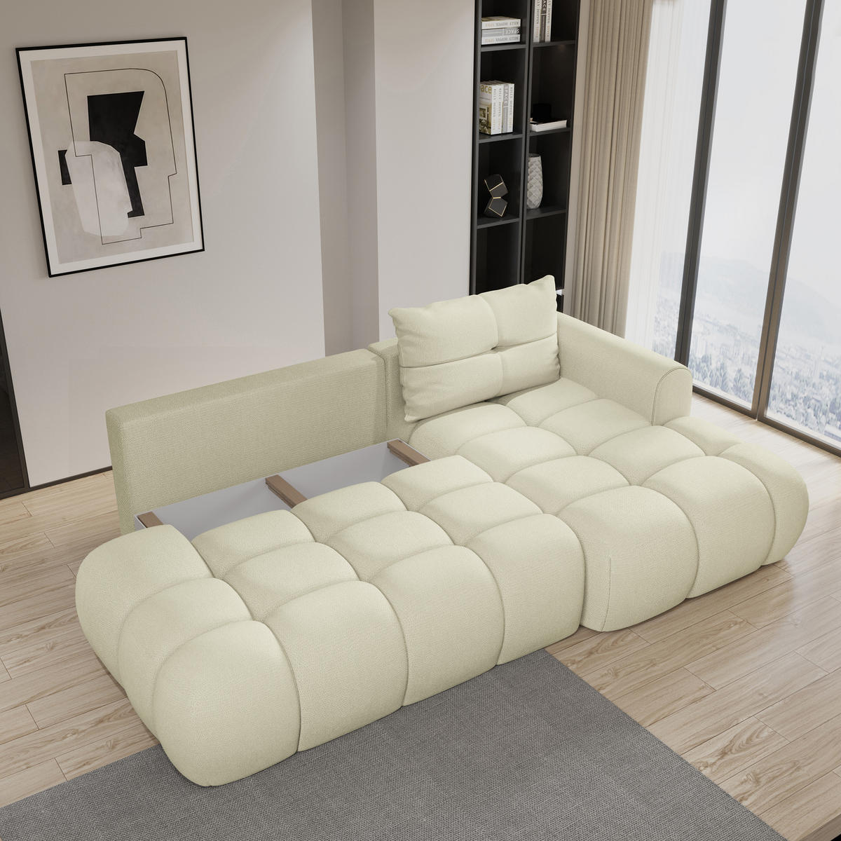 ECKSOFA FLUMA R-S Creme Geflochtener Stoff mit Schlaffunktion - Creme, Holz (274/165cm) - MASSENO