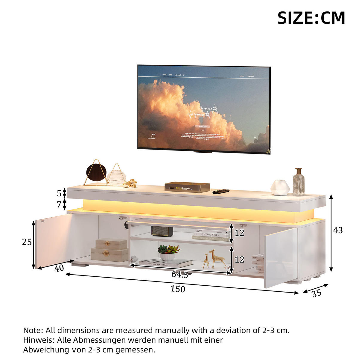 LOWBOARD 150/35/43 cm aus Spanplatte mit LED-Beleuchtung Weiß - Weiß, Holzwerkstoff (150/43/35cm) - Modenvie