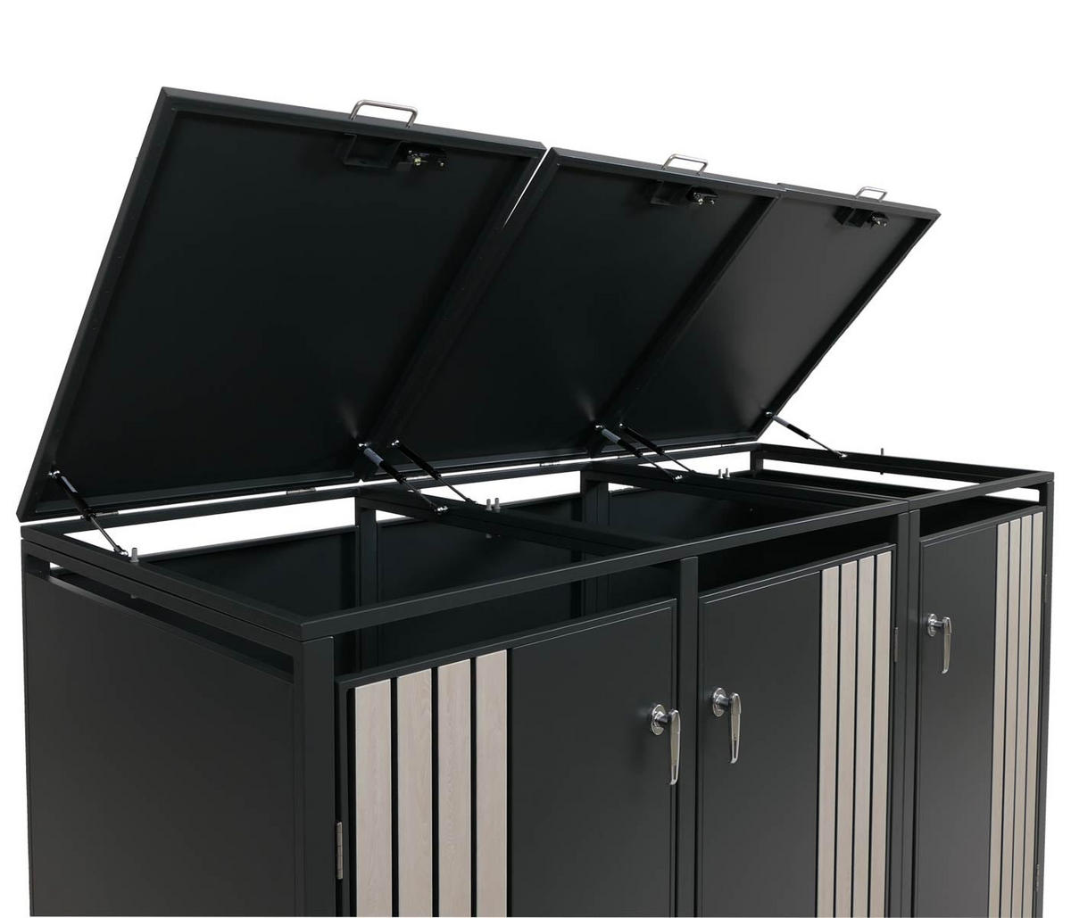 MÜLLTONNENBOX 3er mit Deckel HxBxT 122x200x84cm Anthrazit Holzoptik hell - Anthrazit, Metall (200/122/84cm) - PROREGAL