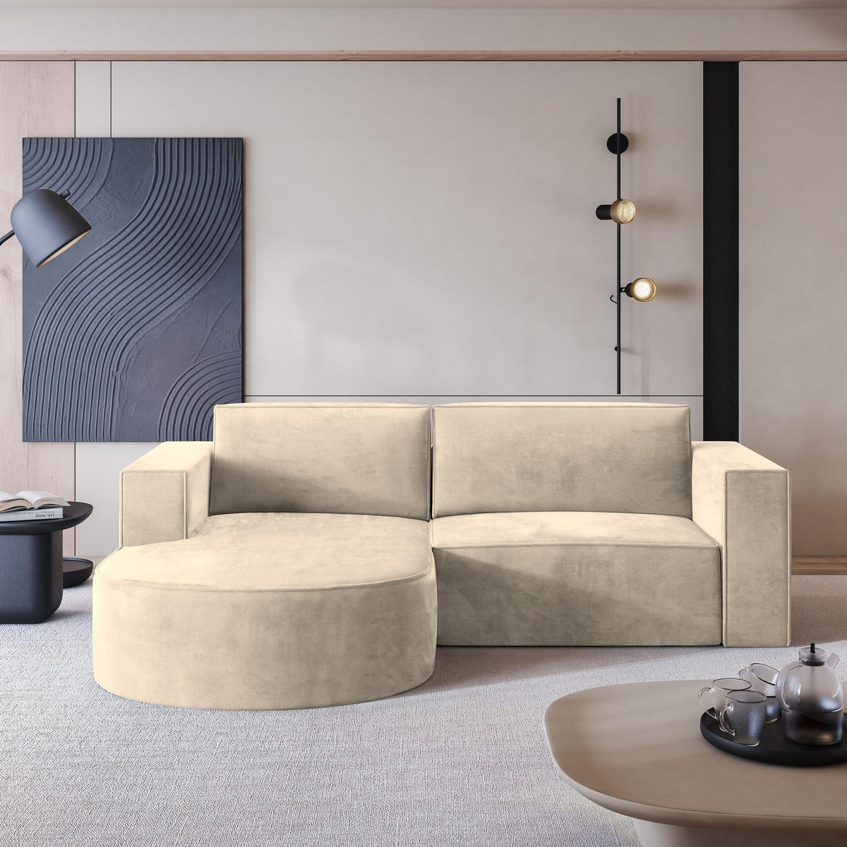 ECKSOFA SORELA M L-S Creme Velours-Stoff mit Schlaffunktion - Creme, Holz (263/174cm) - MASSENO